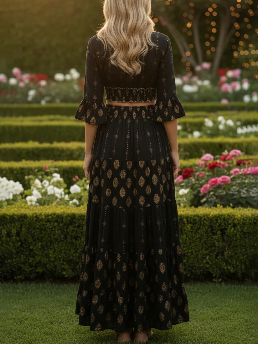 Golden Black Embroidered Boho Two Piece Set