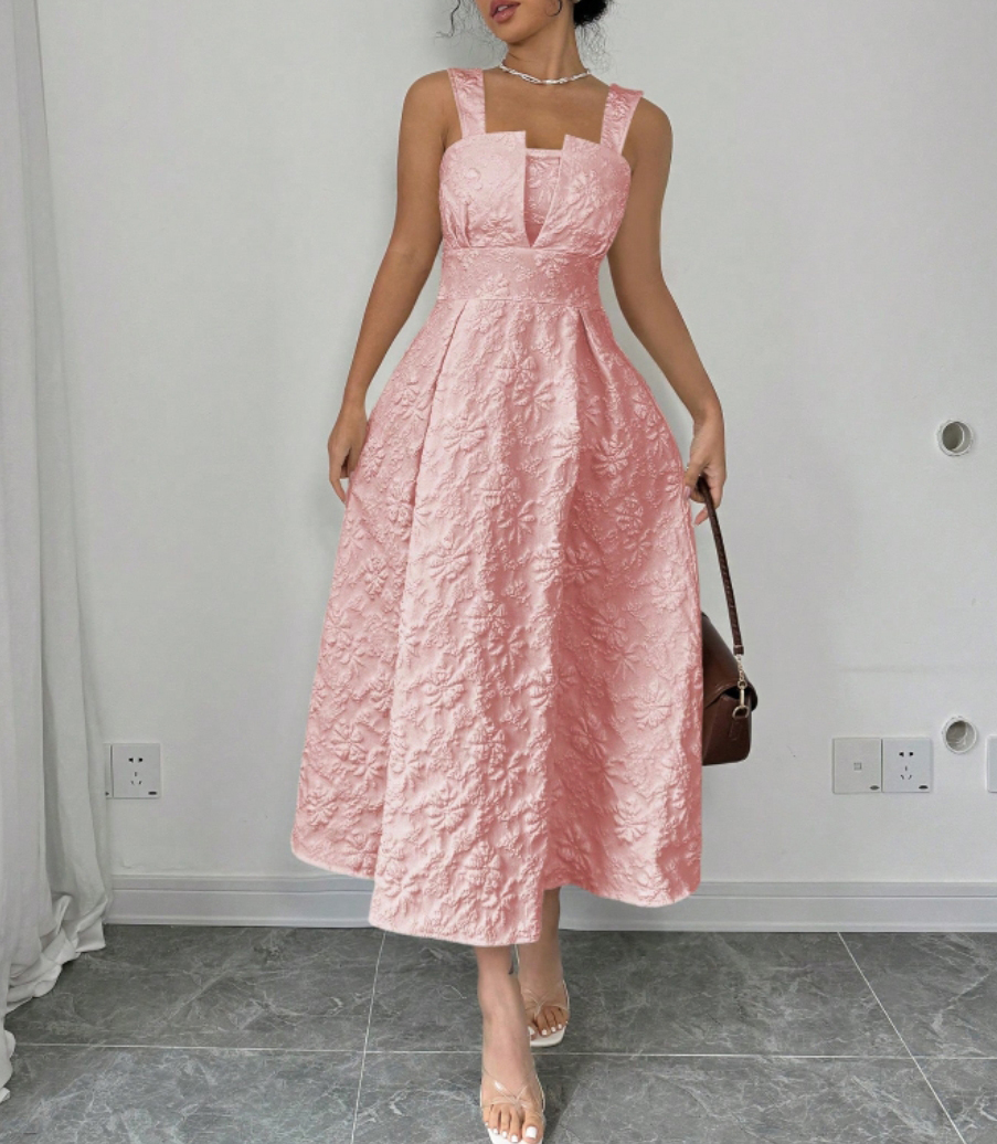 Women's Pink Floral Jacquard Square Neck Sleeveless Midi Dress