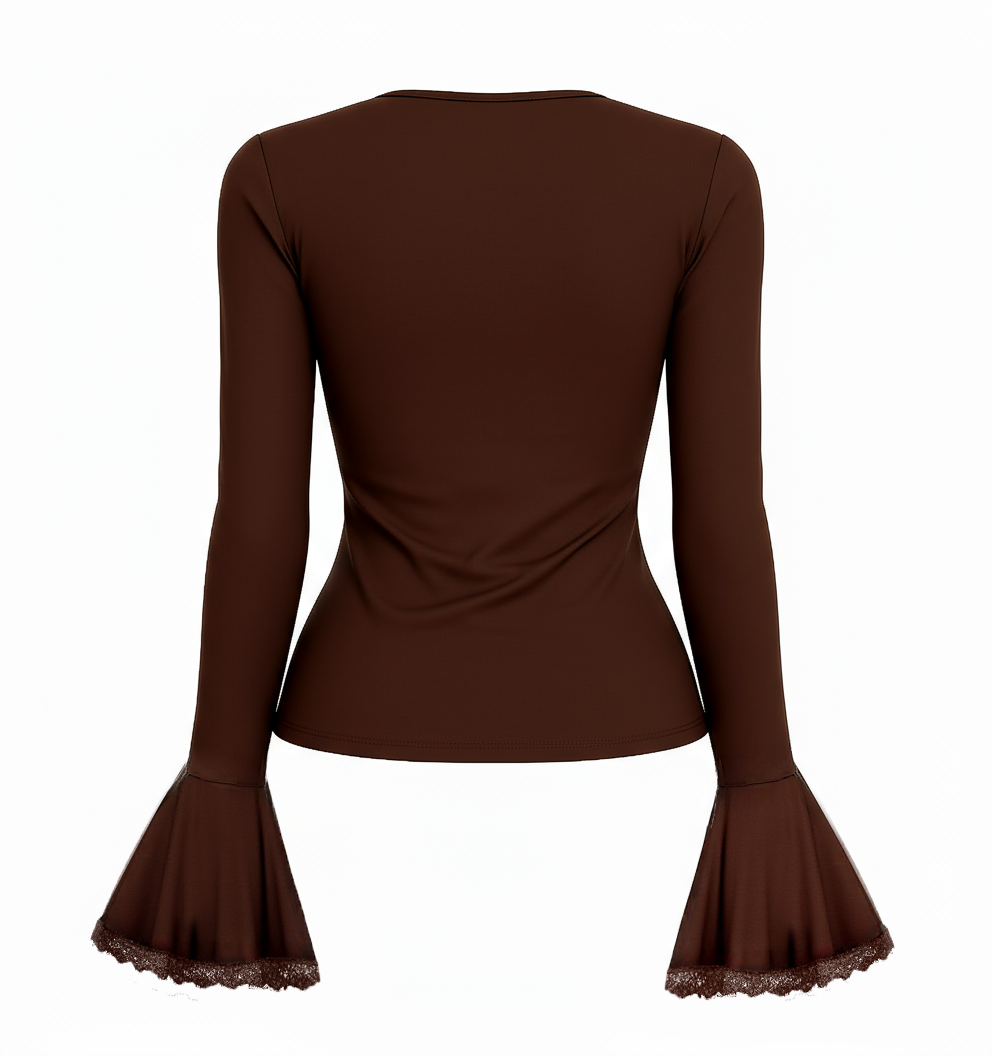 2026 Spring/Summer New Style Fashion Elegant V-neck Three-dimensional Flower Decorated Flared Sleeves Lace Splicing Slim-fit Long-sleeved Top-Aetheryn