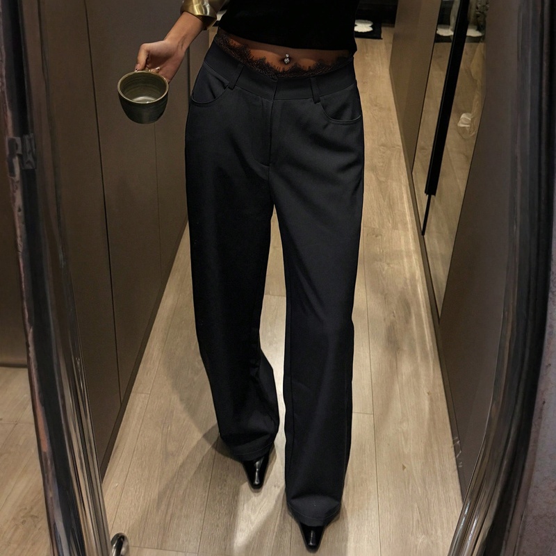 hot girl style high-waisted wide-legged pants. Lace-waisted work suit pants. Thin-looking charcoal-black pants.-Aetheryn