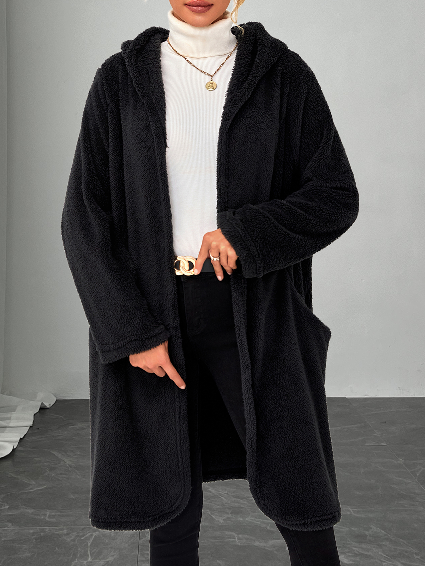 Women's Black Fuzzy Hooded Open-Front Long Coat