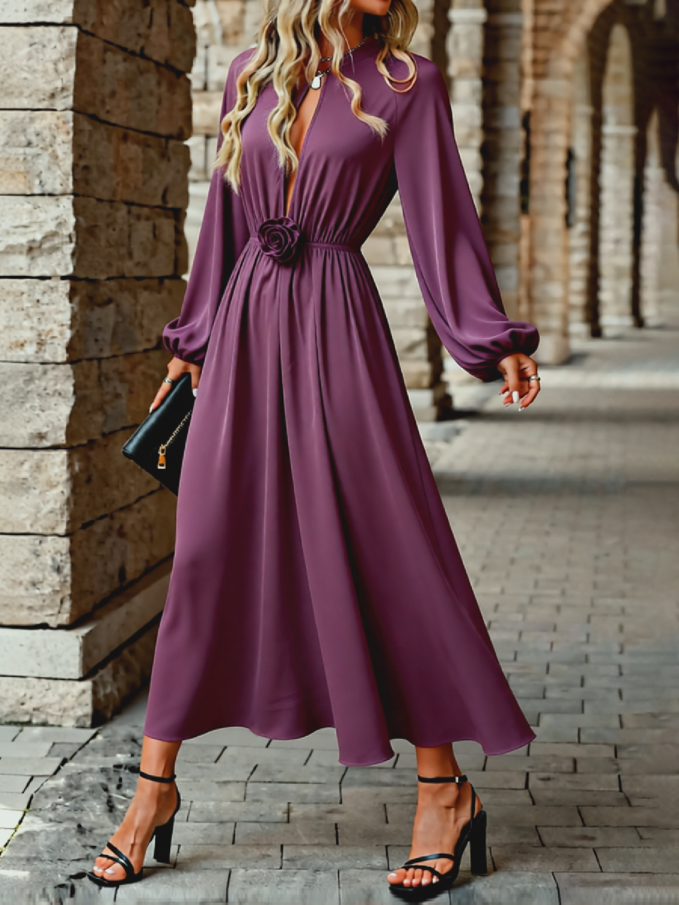 Woman's Plum Satin Keyhole Cutout Lantern Sleeve Midi Dress