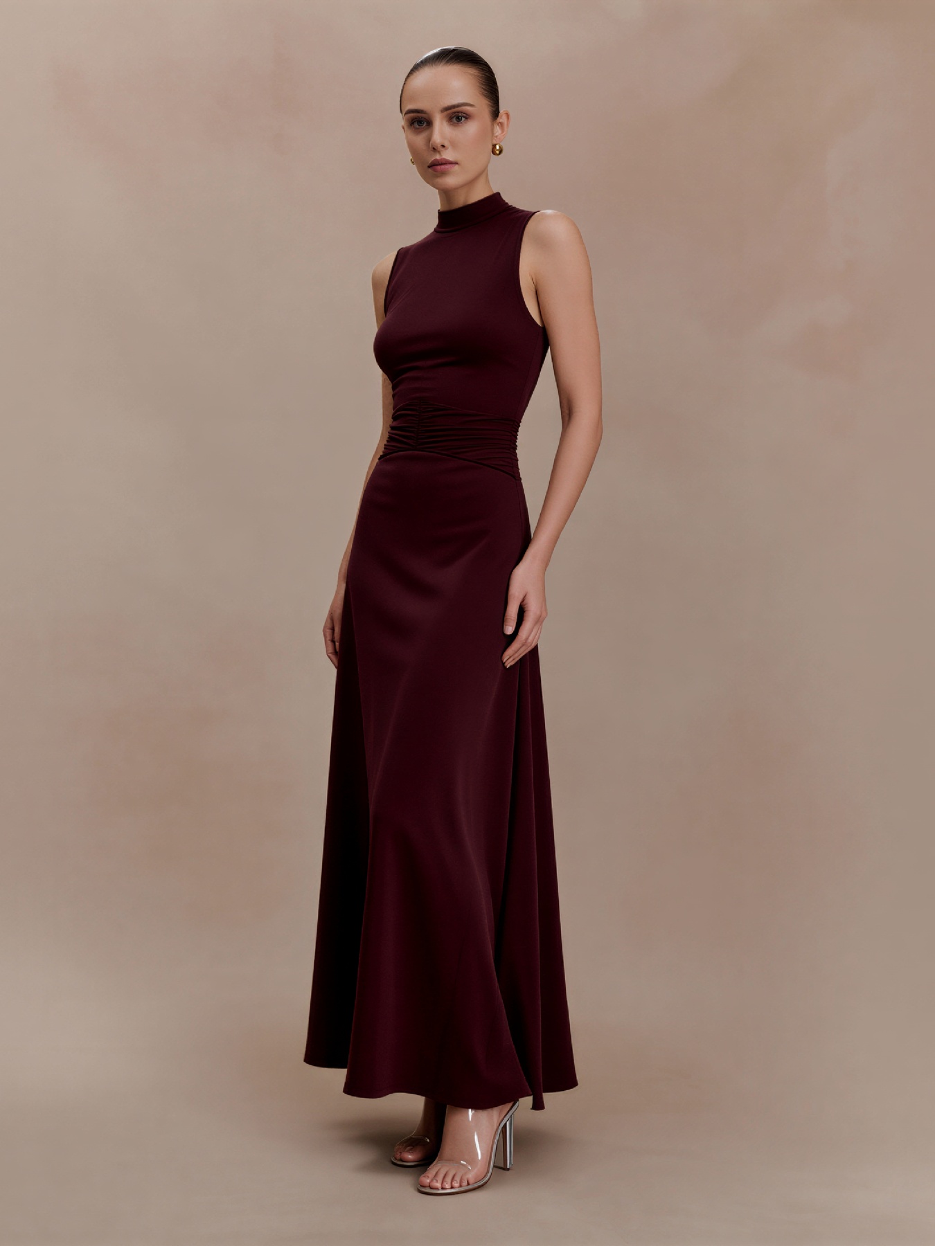 2026 Spring Summer Elegant Wine Red Evening Gown - Open Back & Halter Neck with Gathered Waist