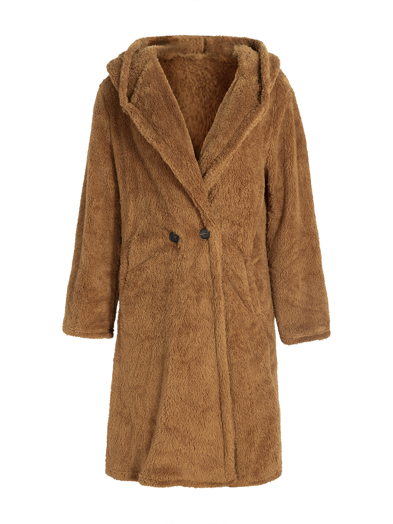 Women's Brown Teddy Fleece Hooded Long Coat
