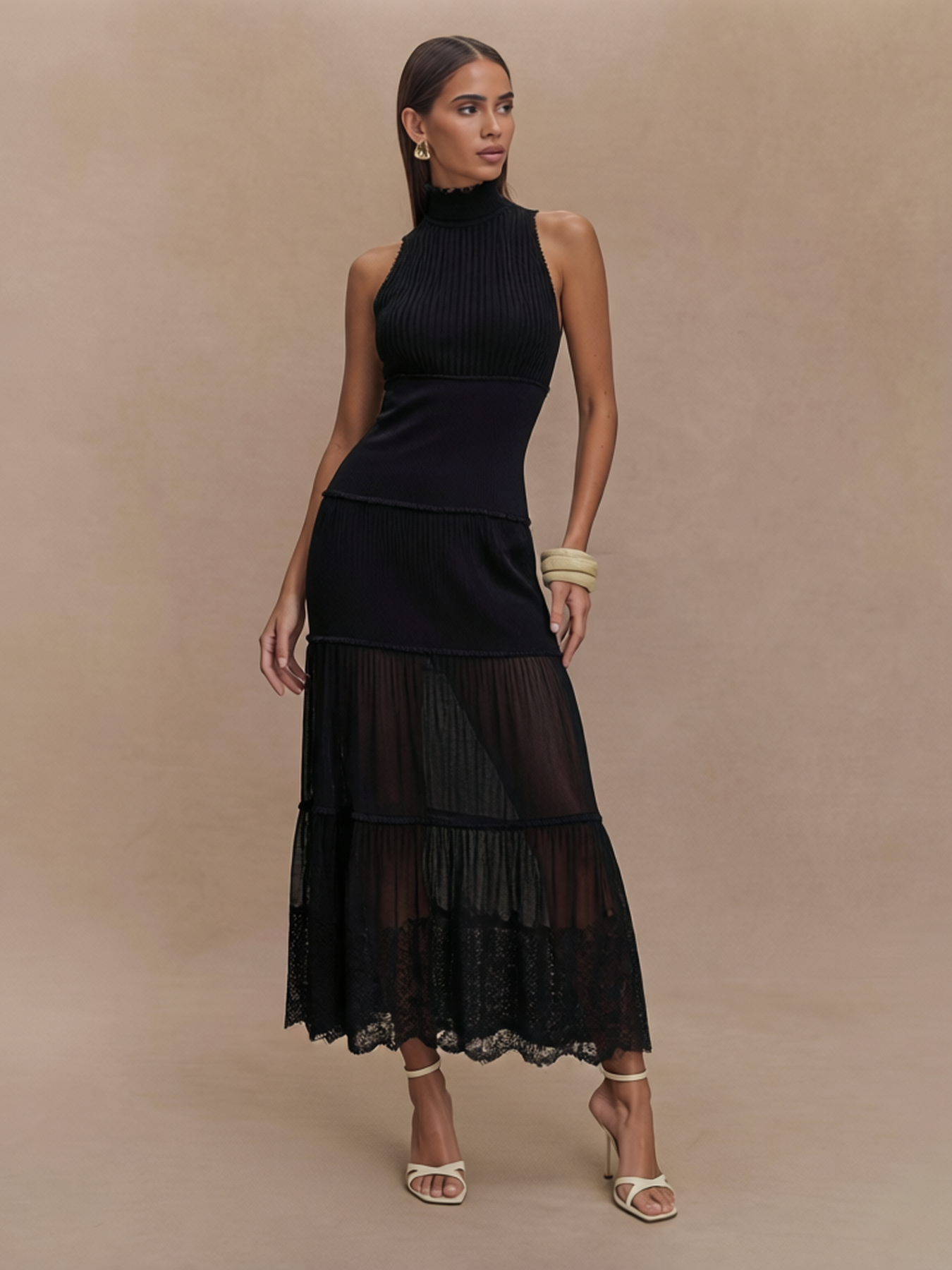 Pleated Bodice Sheer Lace Maxi Dress