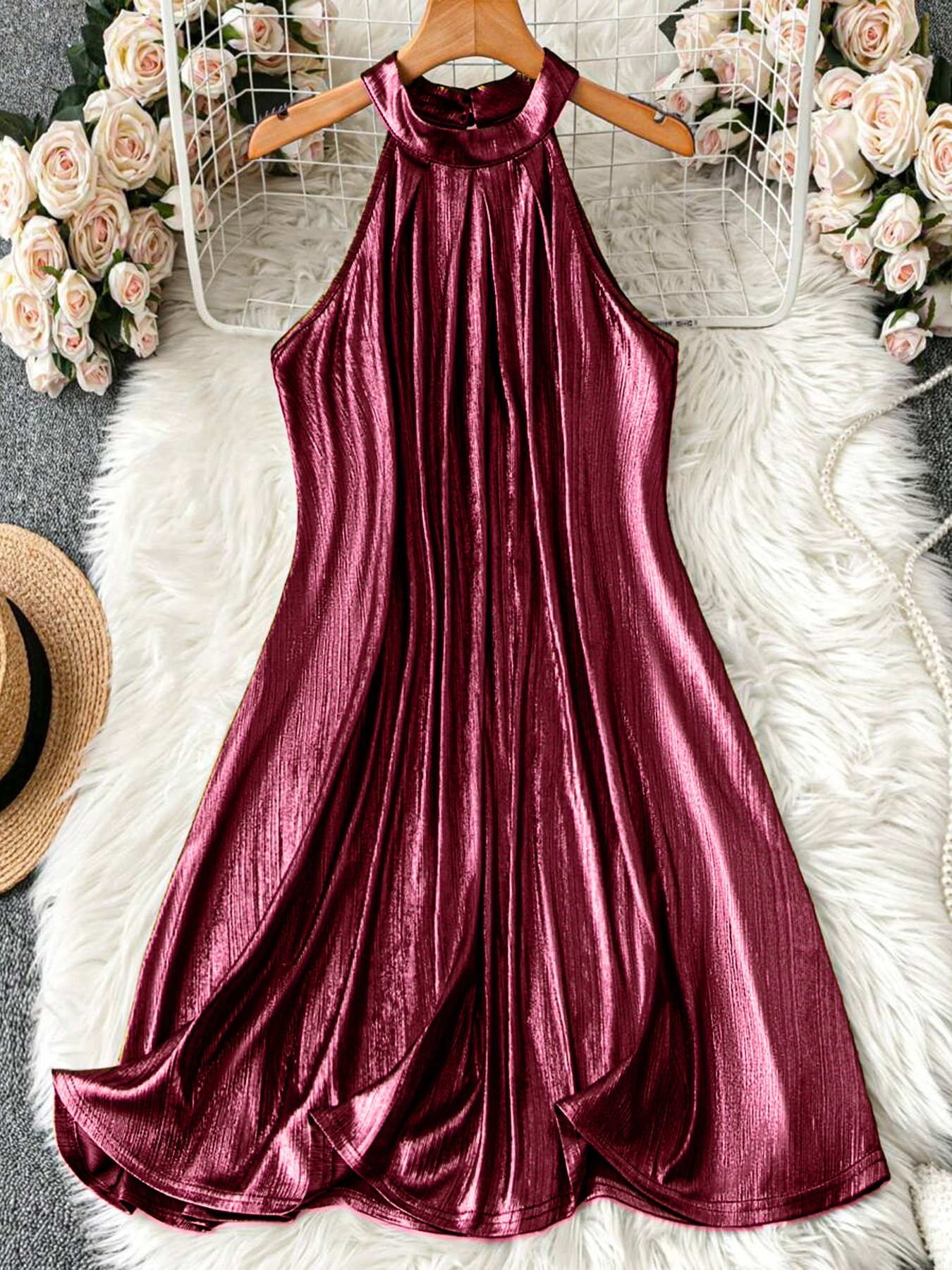 Metallic High Neck Halter Sleeveless Mini Dress