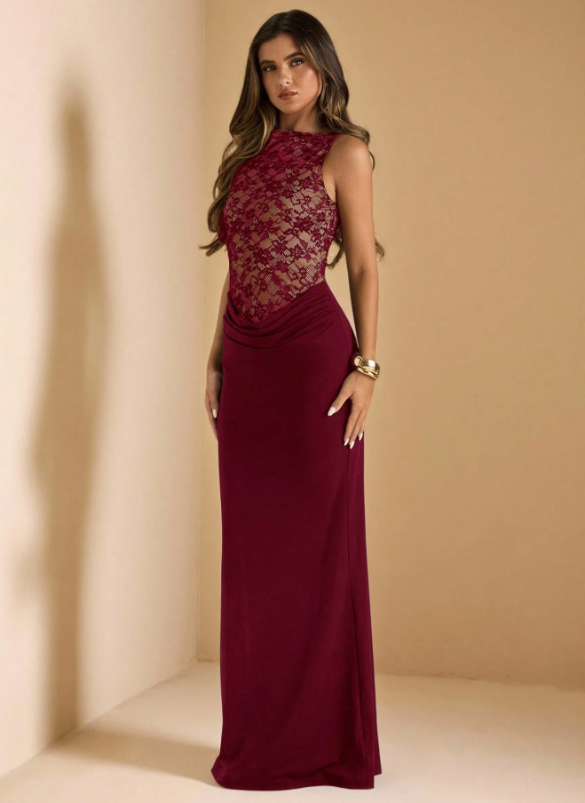 Woman's Burgundy Lace High Neck Sleeveless Bodycon Maxi Dress