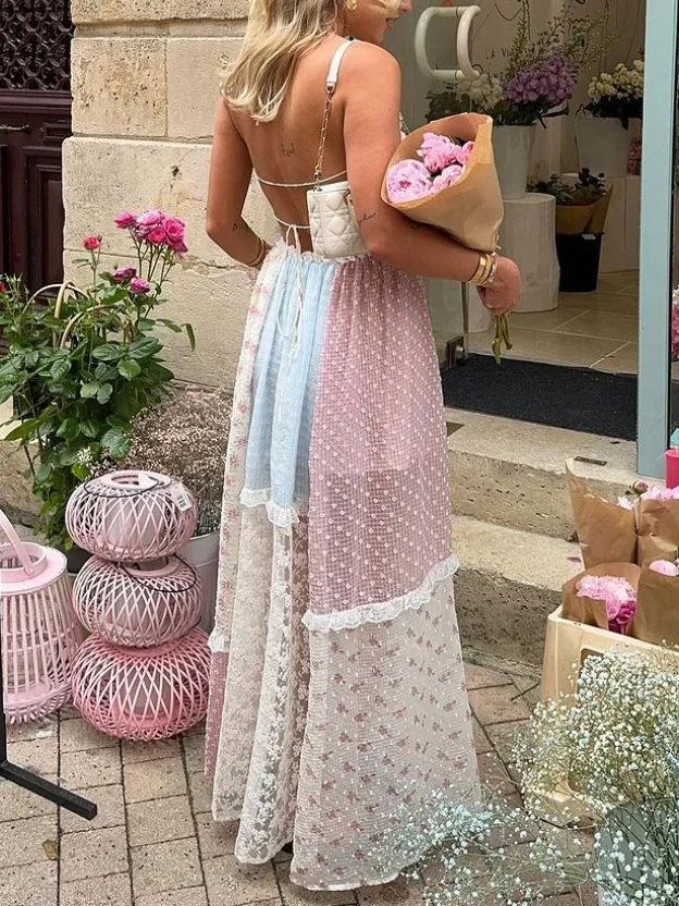 Boho Patchwork Floral Lace Tiered Maxi Dress
