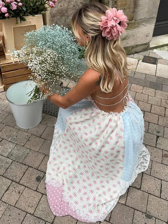 Boho Patchwork Floral Lace Tiered Maxi Dress