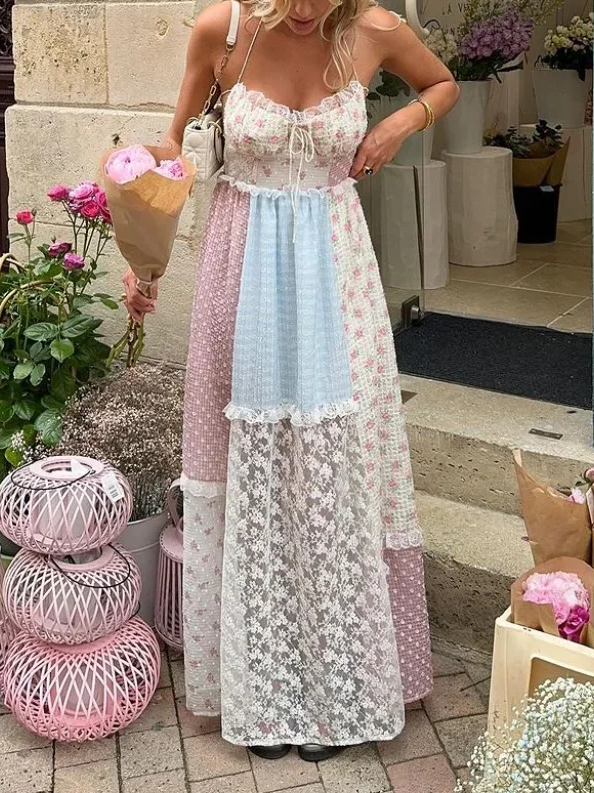 Boho Patchwork Floral Lace Tiered Maxi Dress