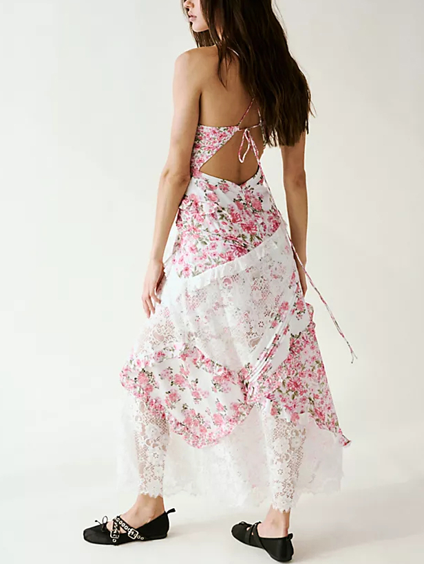 Boho Lace Panel Asymmetrical Hem Midi Dress