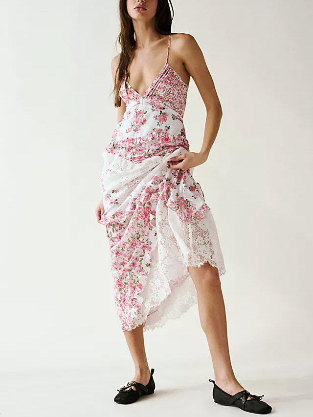 Boho Lace Panel Asymmetrical Hem Midi Dress