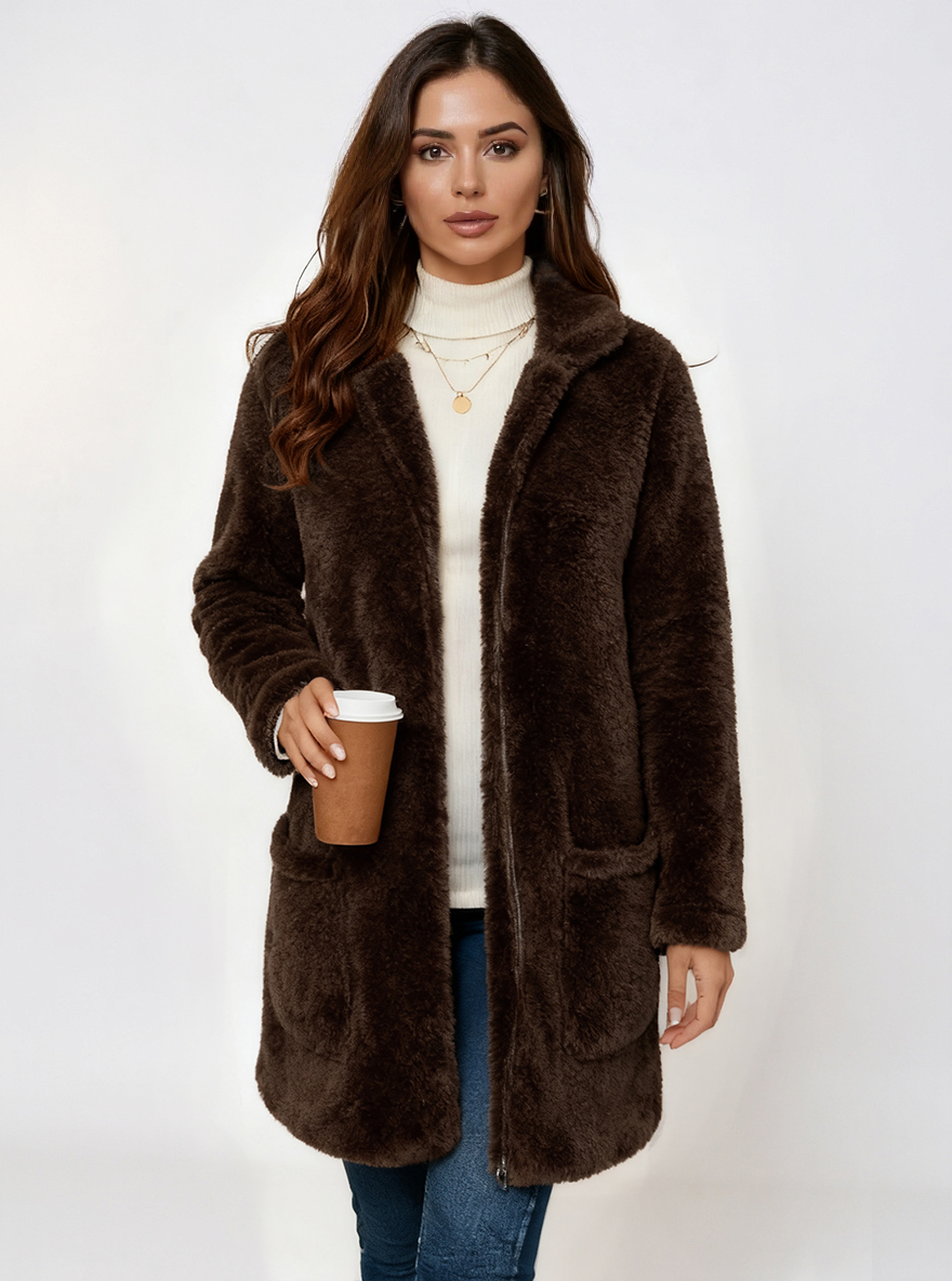 Women's Gray Fleece Zip-Up Longline Teddy Coat