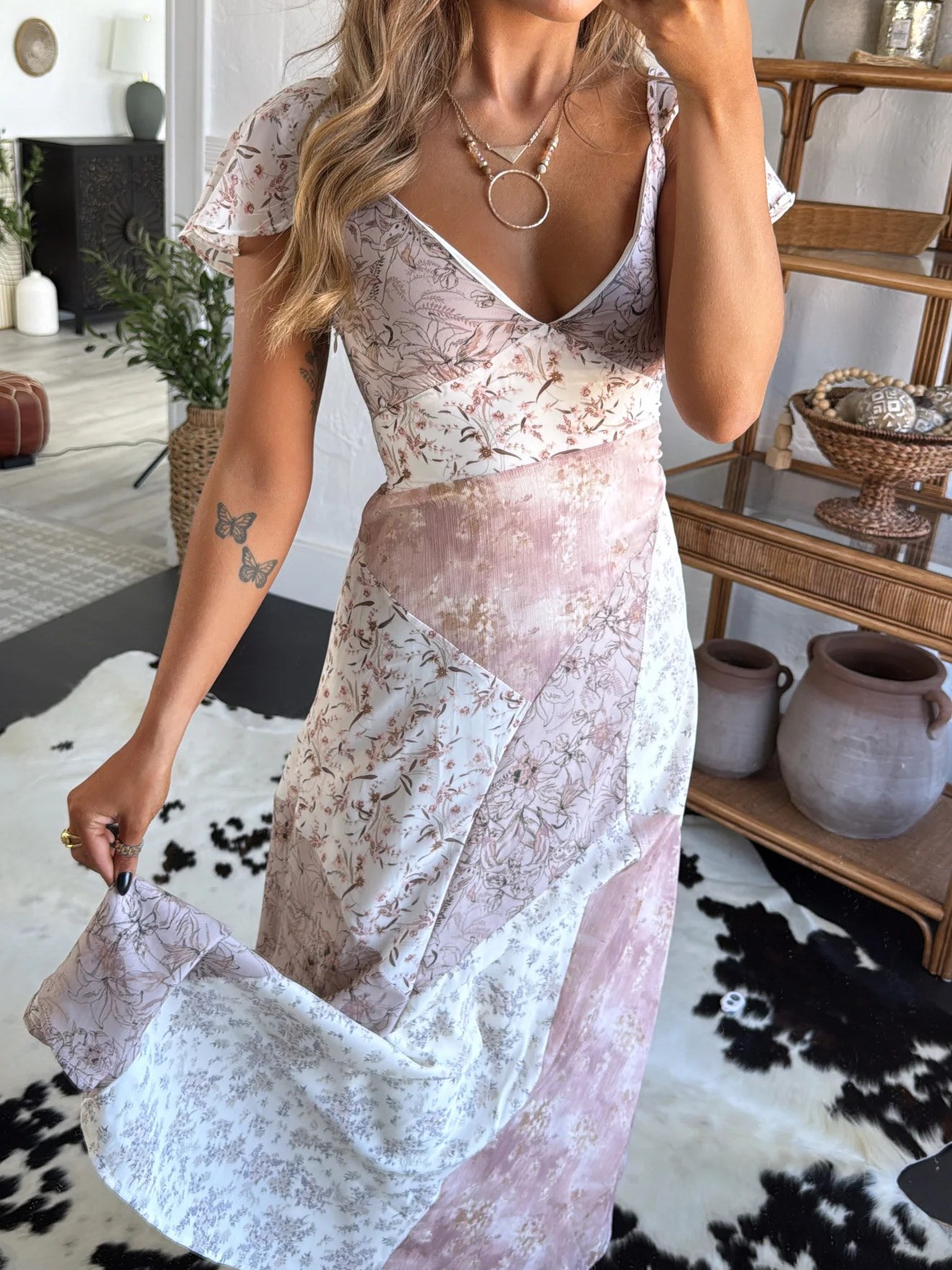 Boho Patchwork V-Neck Flutter Sleeve Maxi Dress