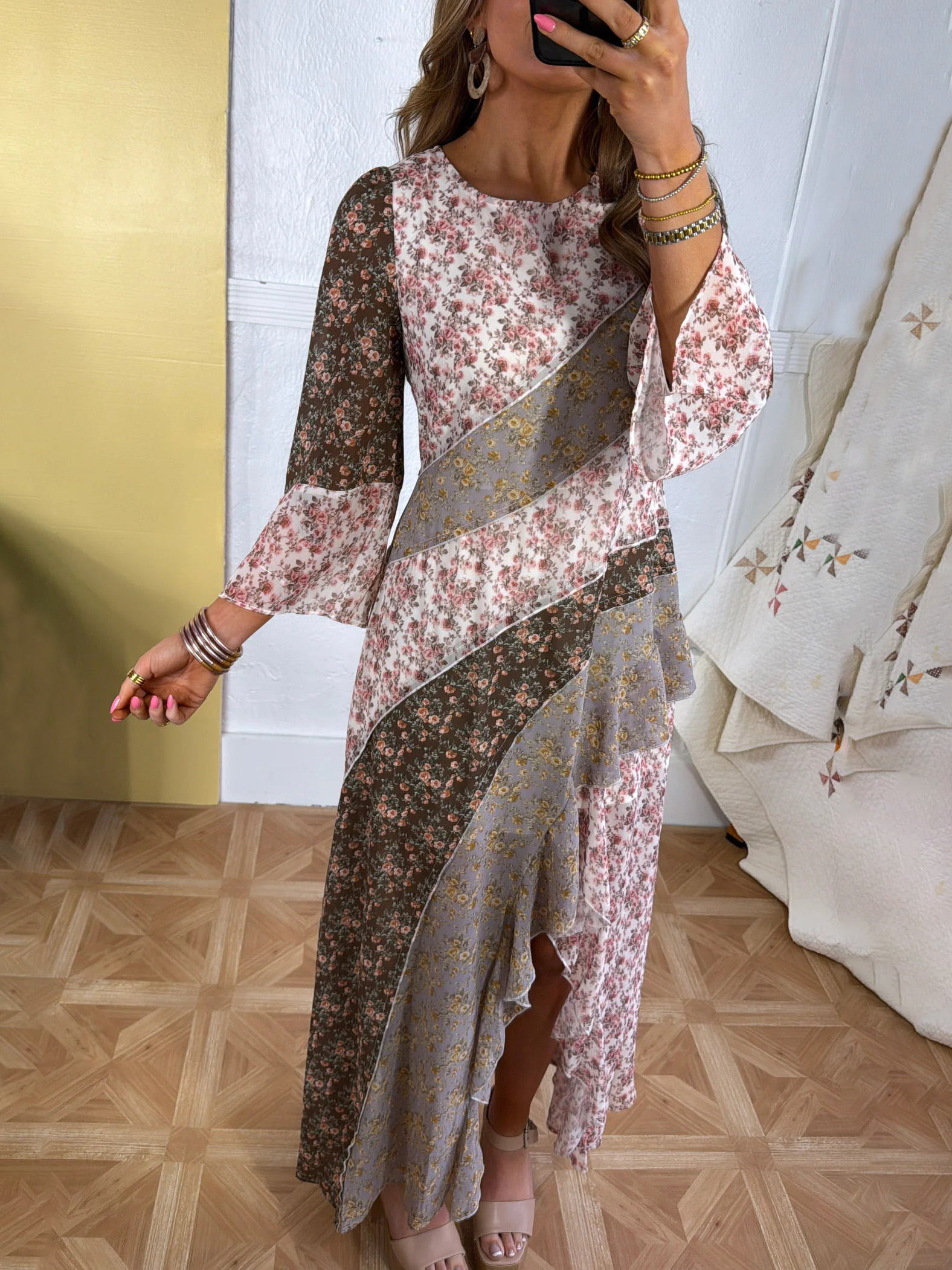 Boho Patchwork Floral Long Sleeve Maxi Dress