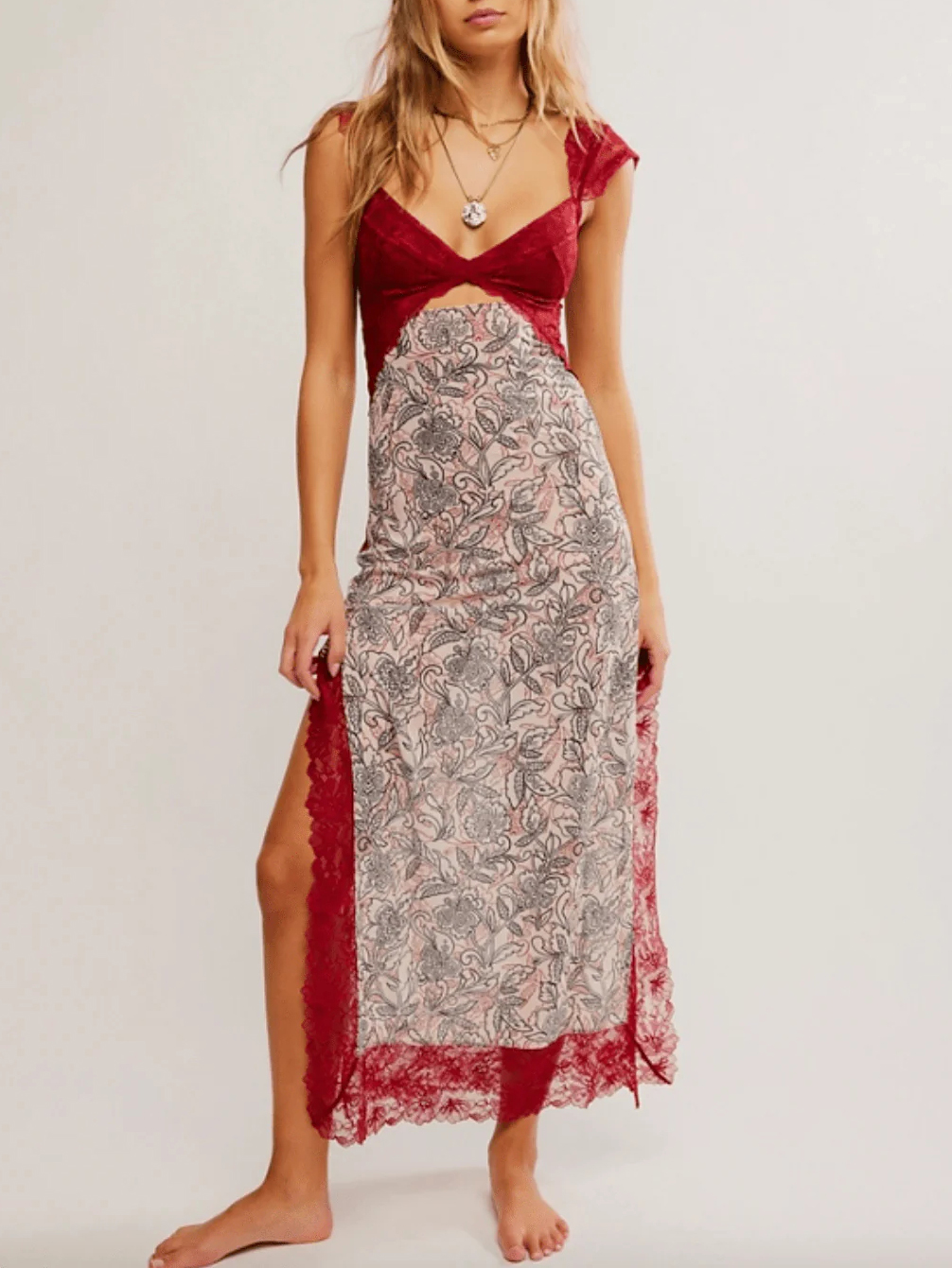 [Copy]Boho Patchwork Floral Plaid Midi Dress