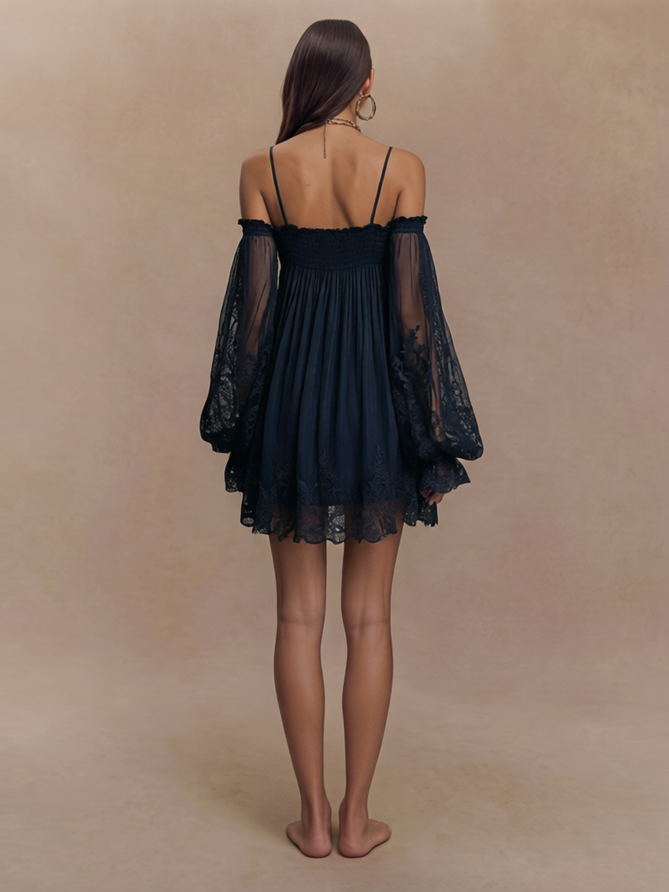 Bohemian Style Off Shoulder Lace Lantern Sleeve Babydoll Dress 