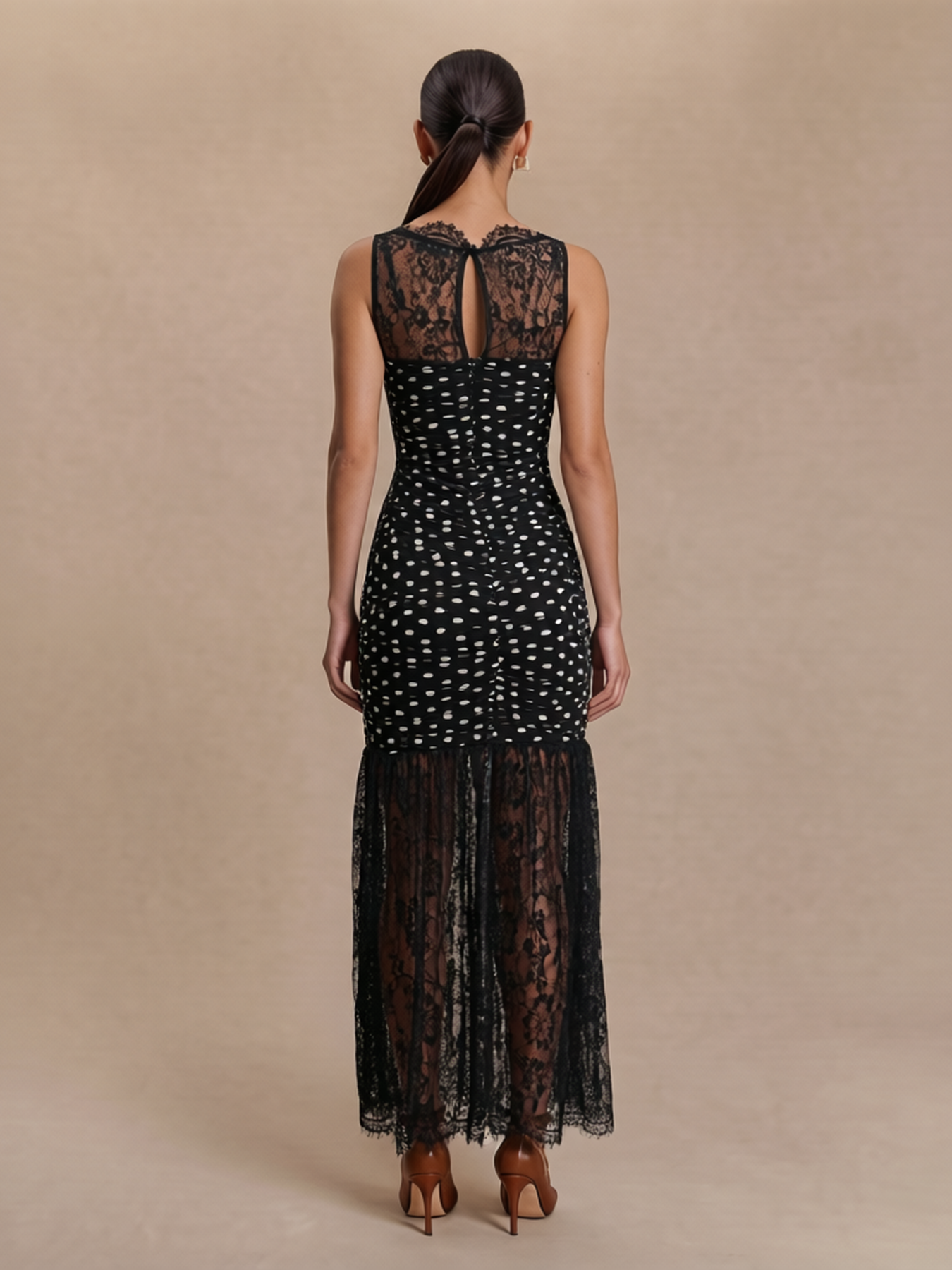 Sleeveless Lace Sheer Polka Dot Dress Ruched Bodycon Sheer Maxi Dress
