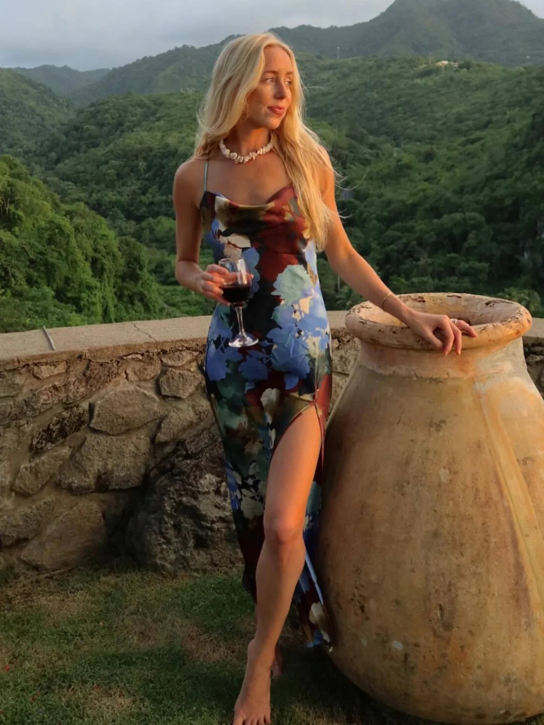 Boho Abstract Floral Print Cowl Neck Satin High Slit Midi Dress