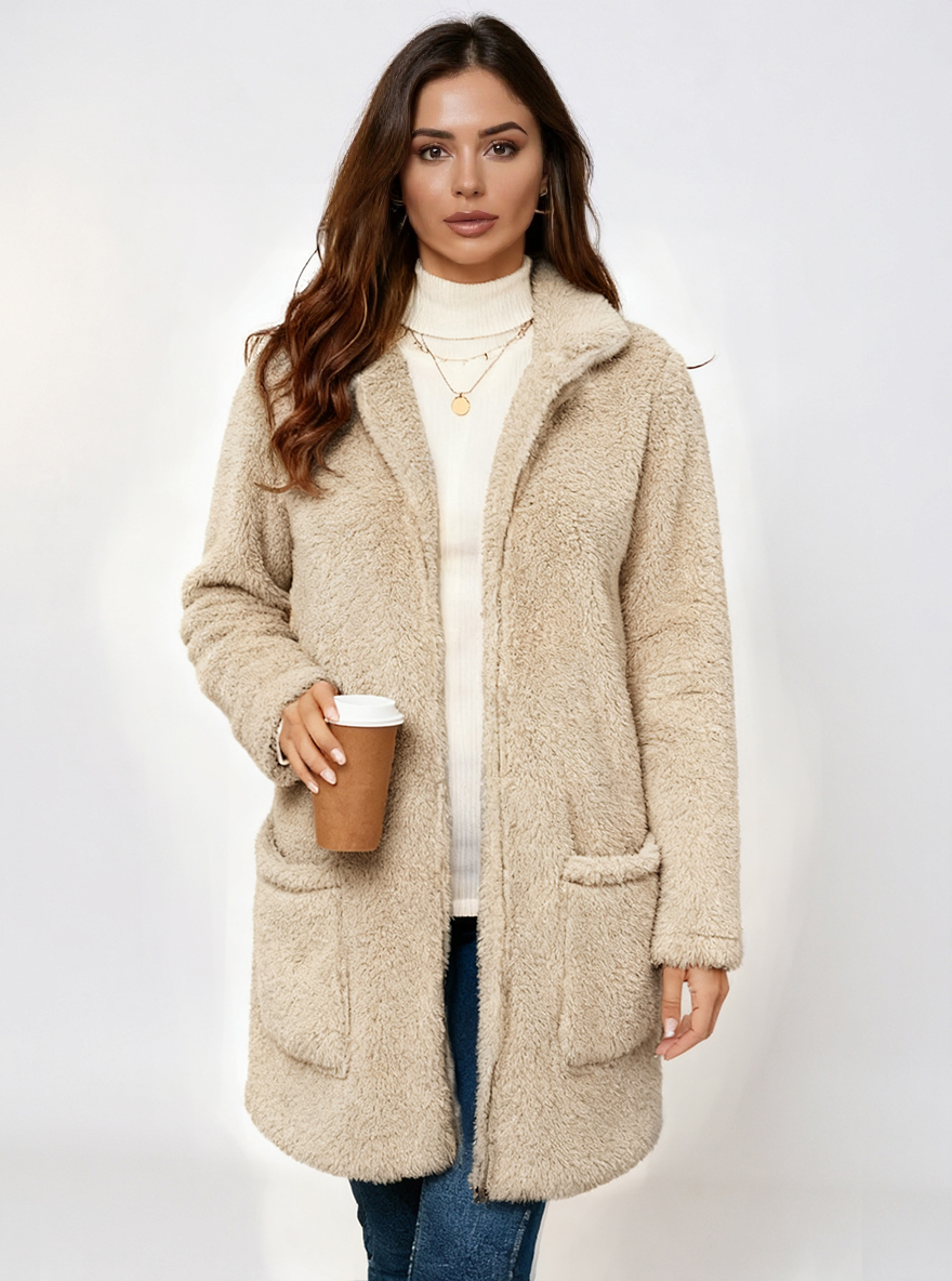 Women's Gray Fleece Zip-Up Longline Teddy Coat
