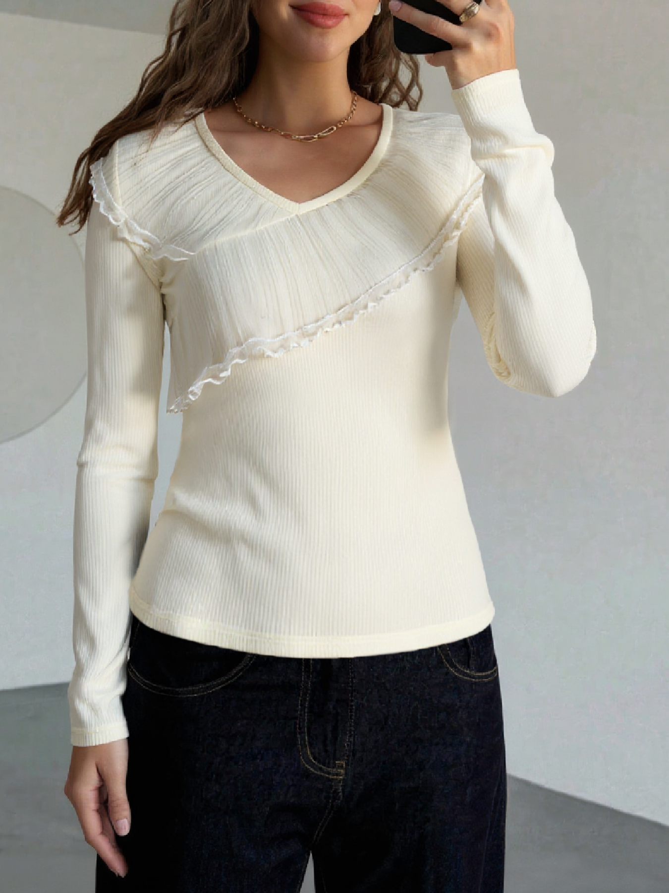 Women's Cream V-Neck Long Sleeve Top with Asymmetric Ruffle Lace Trim and Ribbed Detail
