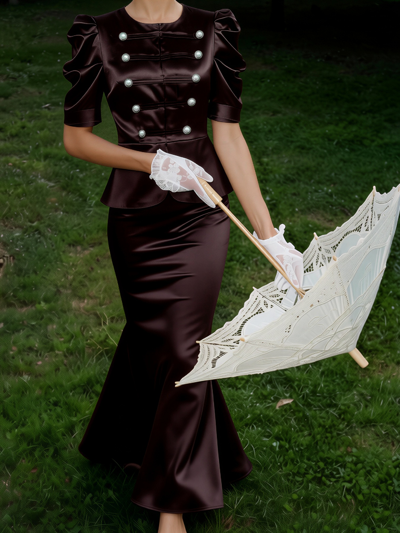 2026 Spring Summer Deep Mocha Satin Tailored Suit Set - Vintage-Inspired Bubble Sleeves, Double-Breasted Waist & Fishtail Midi Skirt-Aetheryn