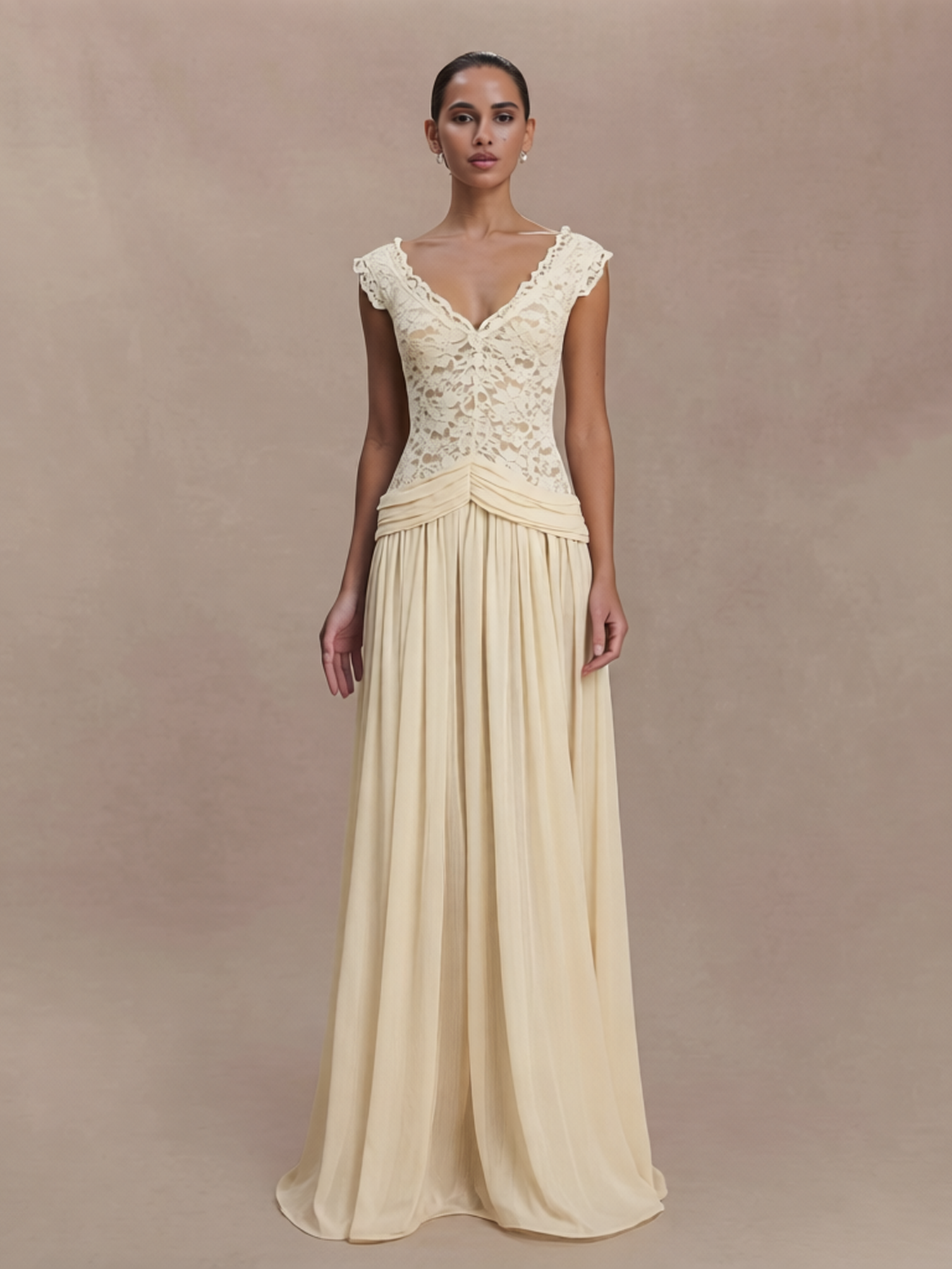 French Retro Style V-Neck Flutter Sleeve Lace Pane Maxi Dress