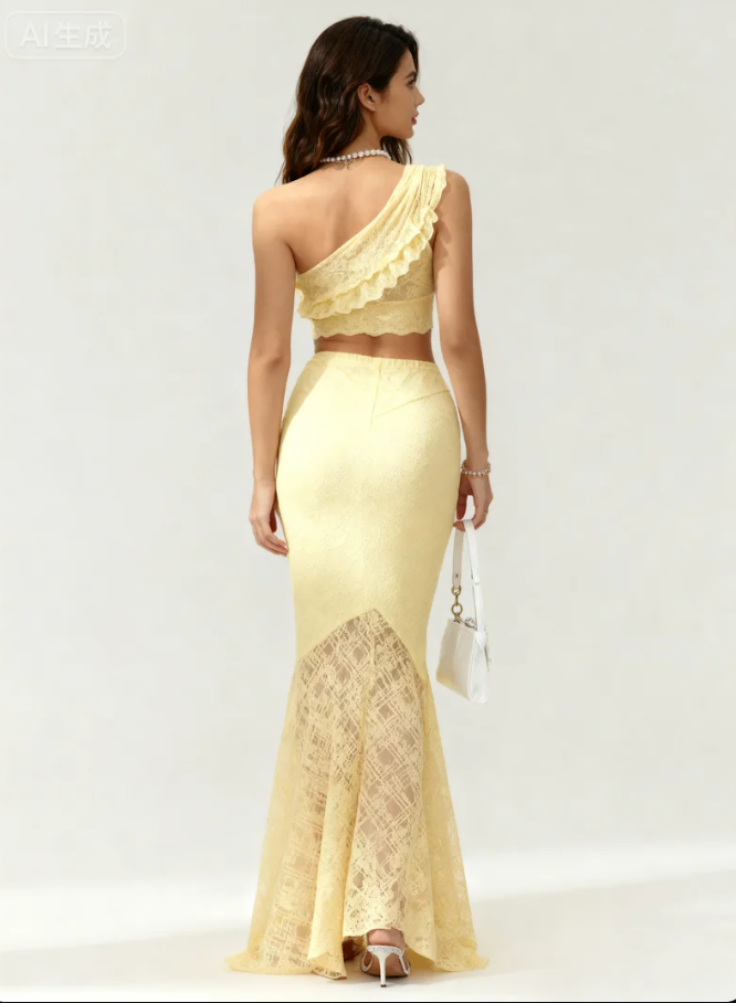 Woman's Light Yellow Lace Cami Top & Sheer Lace High-Waist Maxi Skirt Set