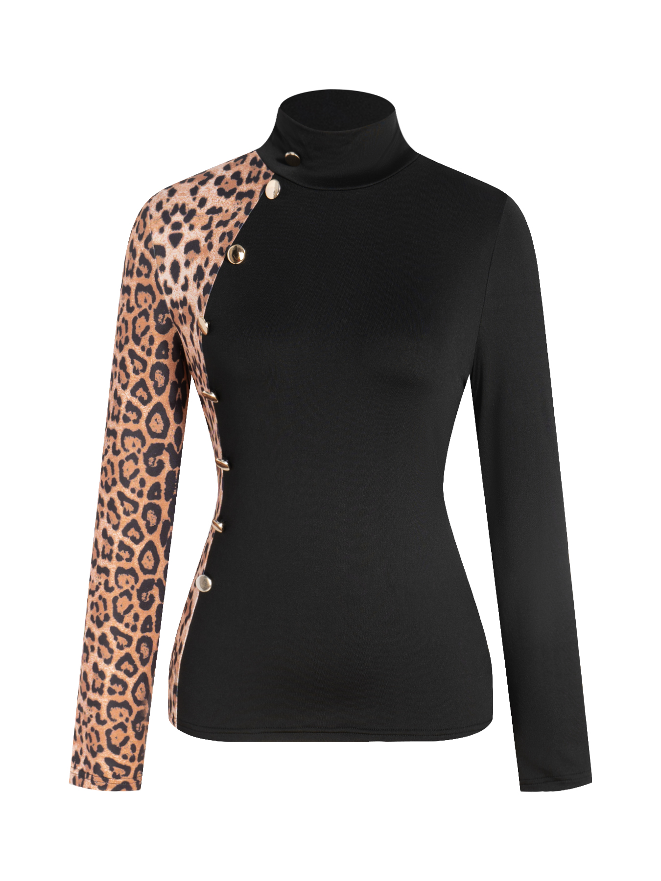 Women's Black Turtleneck Top with Leopard Print Panel and Button Detail