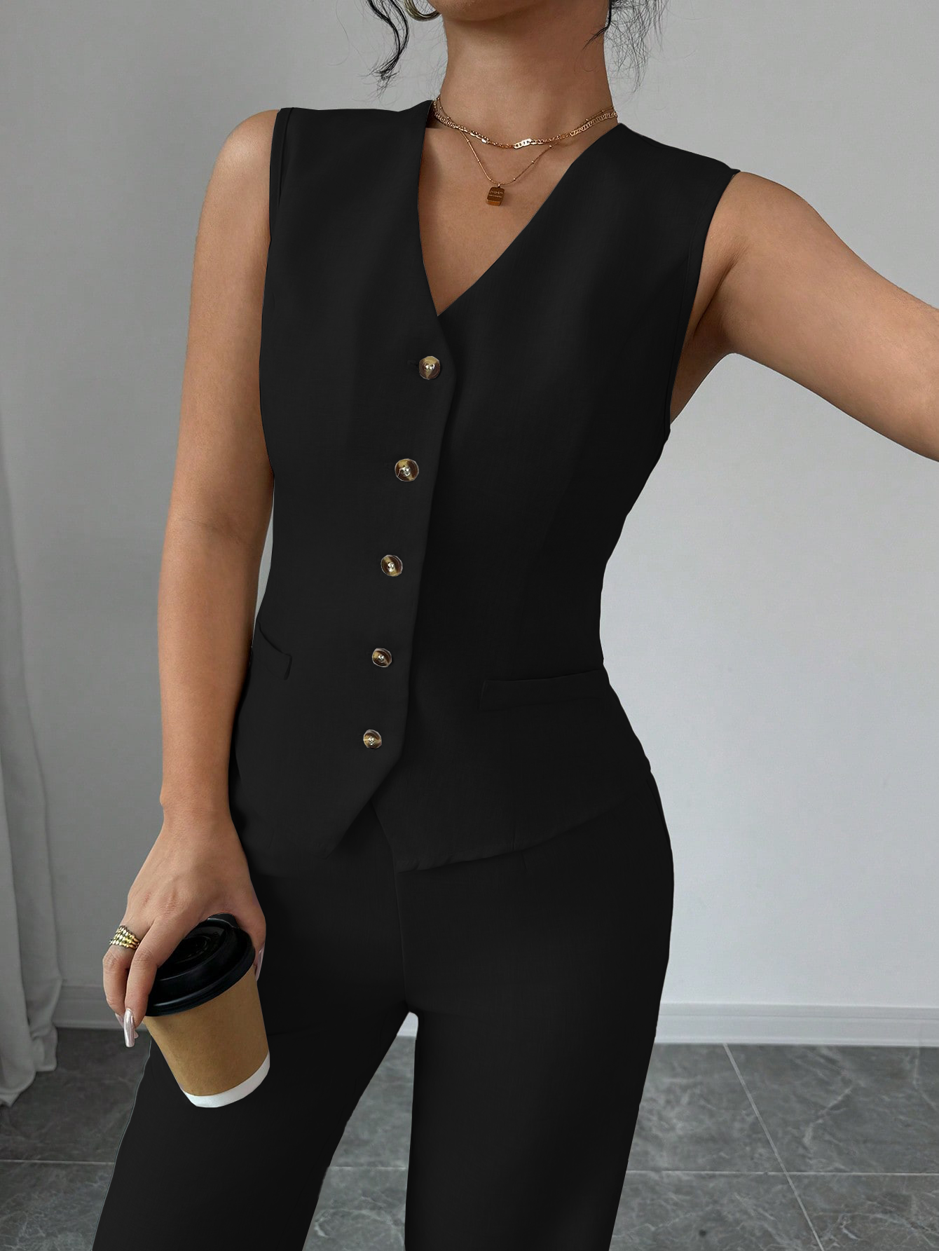 Women's Stylish Sleeveless Buttoned Vest and Wide - Leg Pants Set