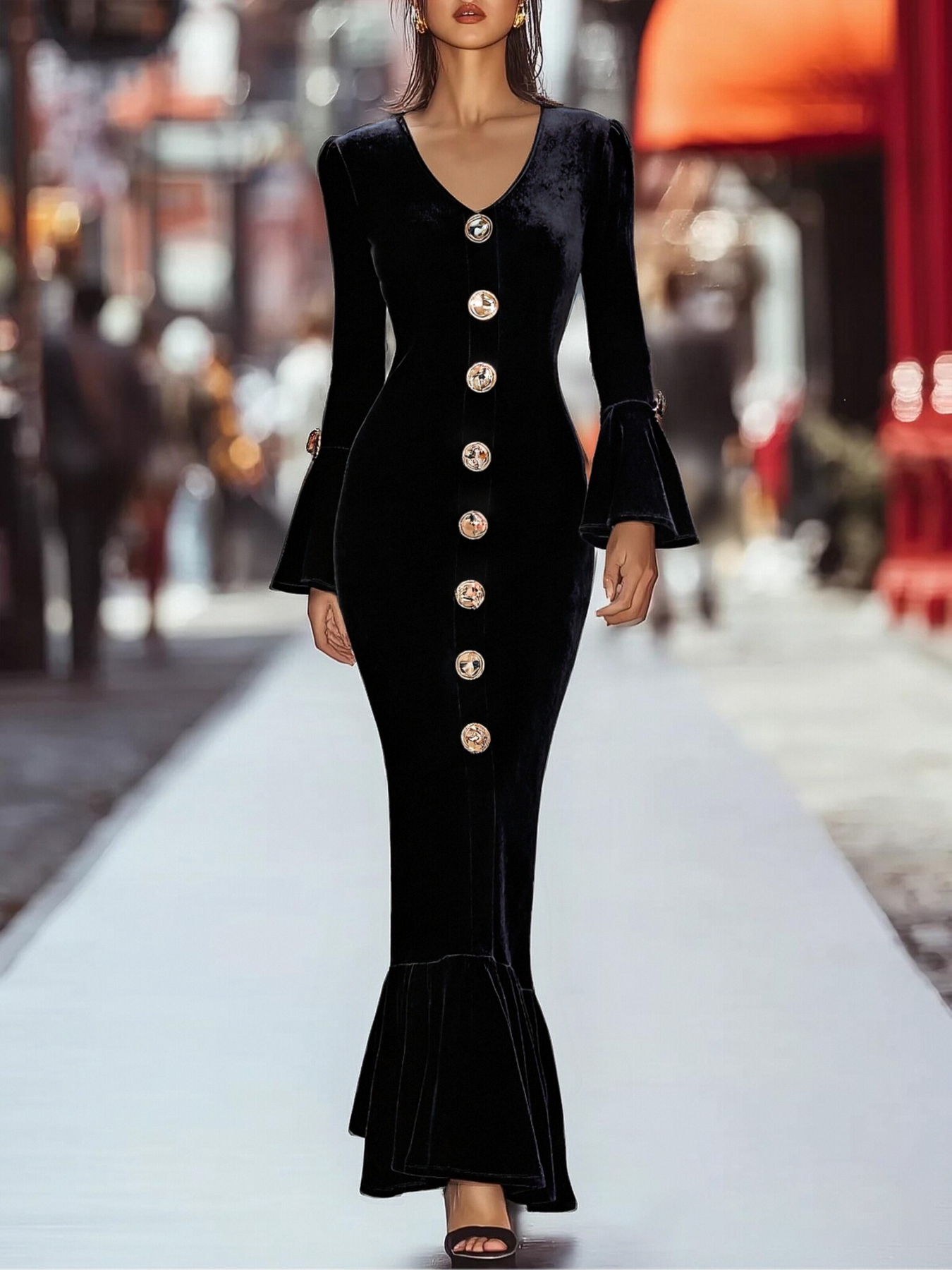Woman‘s Black Velvet V-Neck Bell Sleeve Button-Embellished Mermaid Maxi Dress
