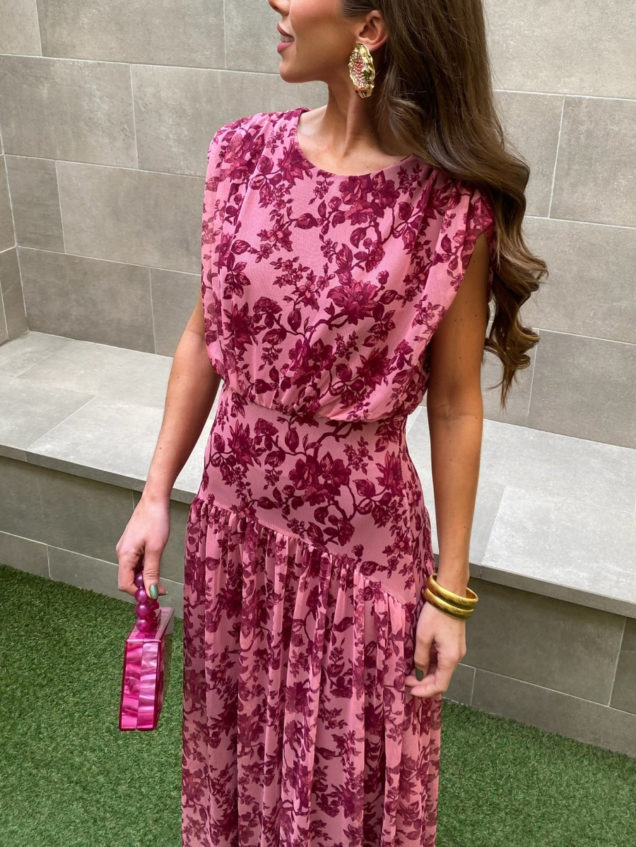 Floral Print Mesh Sleeveless Maxi Dress