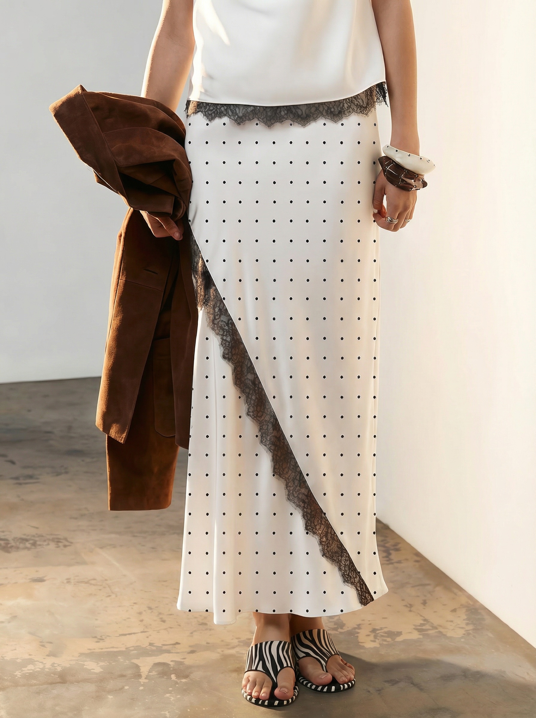 2026 Spring/Summer New Arrival: Elegant Commuter-Style Midi Skirt with Lace Trim and Color-Blocking Satin Lace-Aetheryn