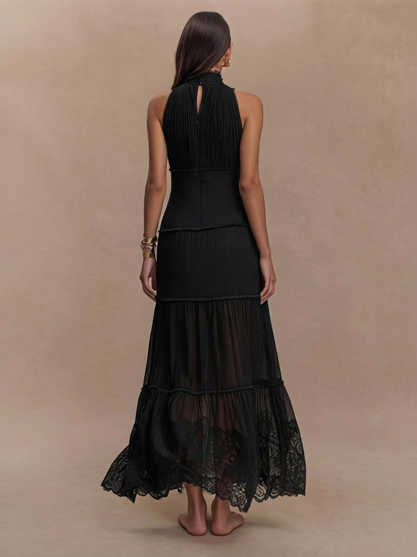 Pleated Bodice Sheer Lace Maxi Dress