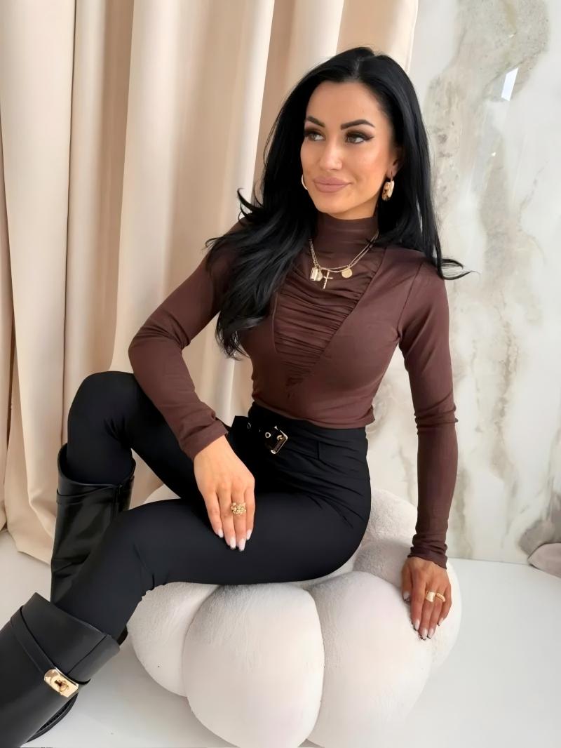 Woman's Mock Neck Long Sleeve Ruched Front Fitted Top