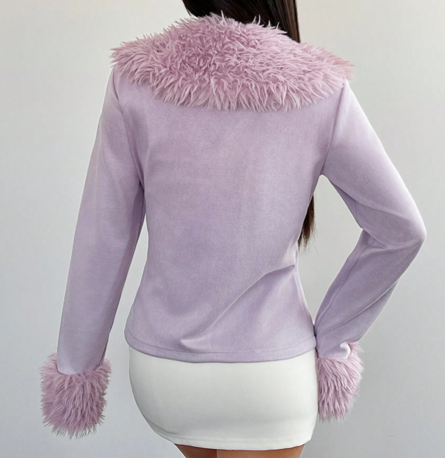 Women's Lavender Fitted Jacket with Fuzzy Fur Collar, Cuffs & Front Zip