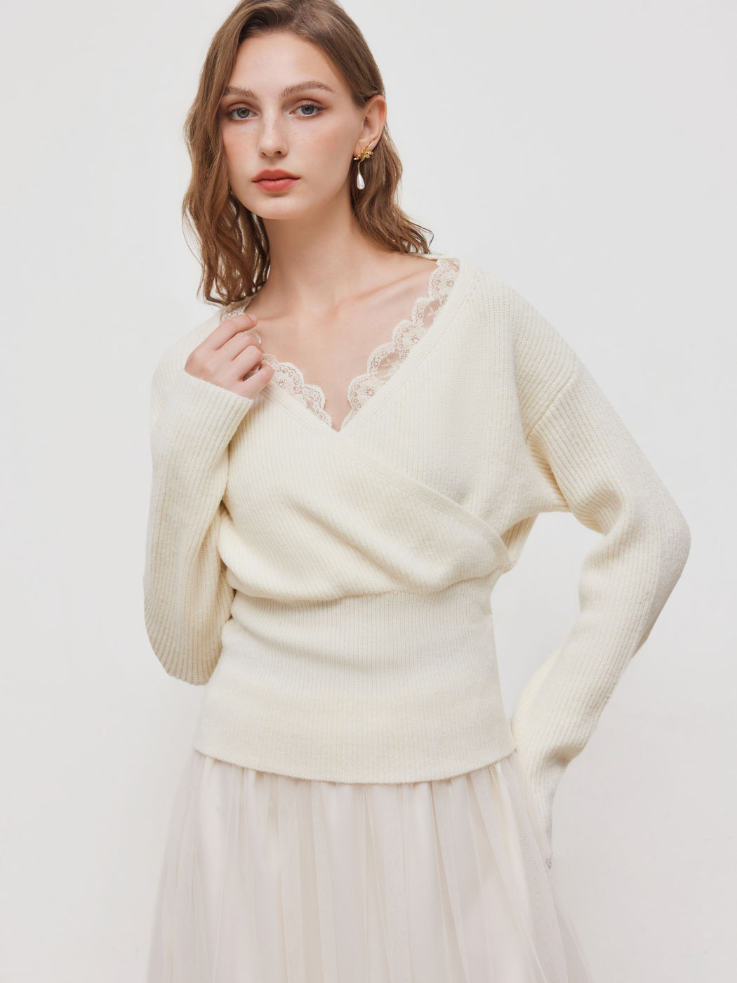 Women's Cream Cross V-Neck Sweater with Lace Trim, Ribbed Knit & Fitted Waist