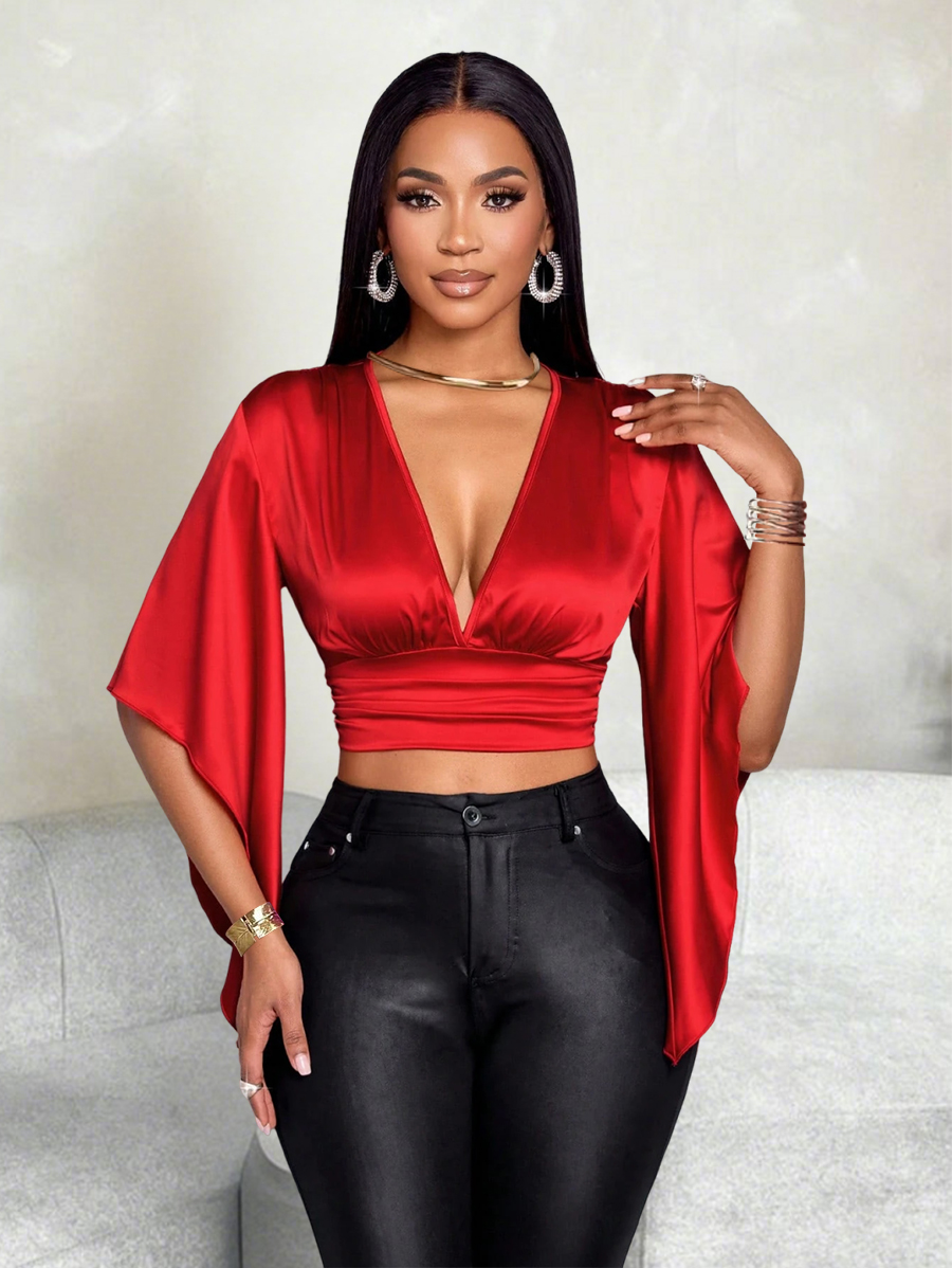 Women's Red Satin Deep V-Neck Bell Sleeve Crop Top