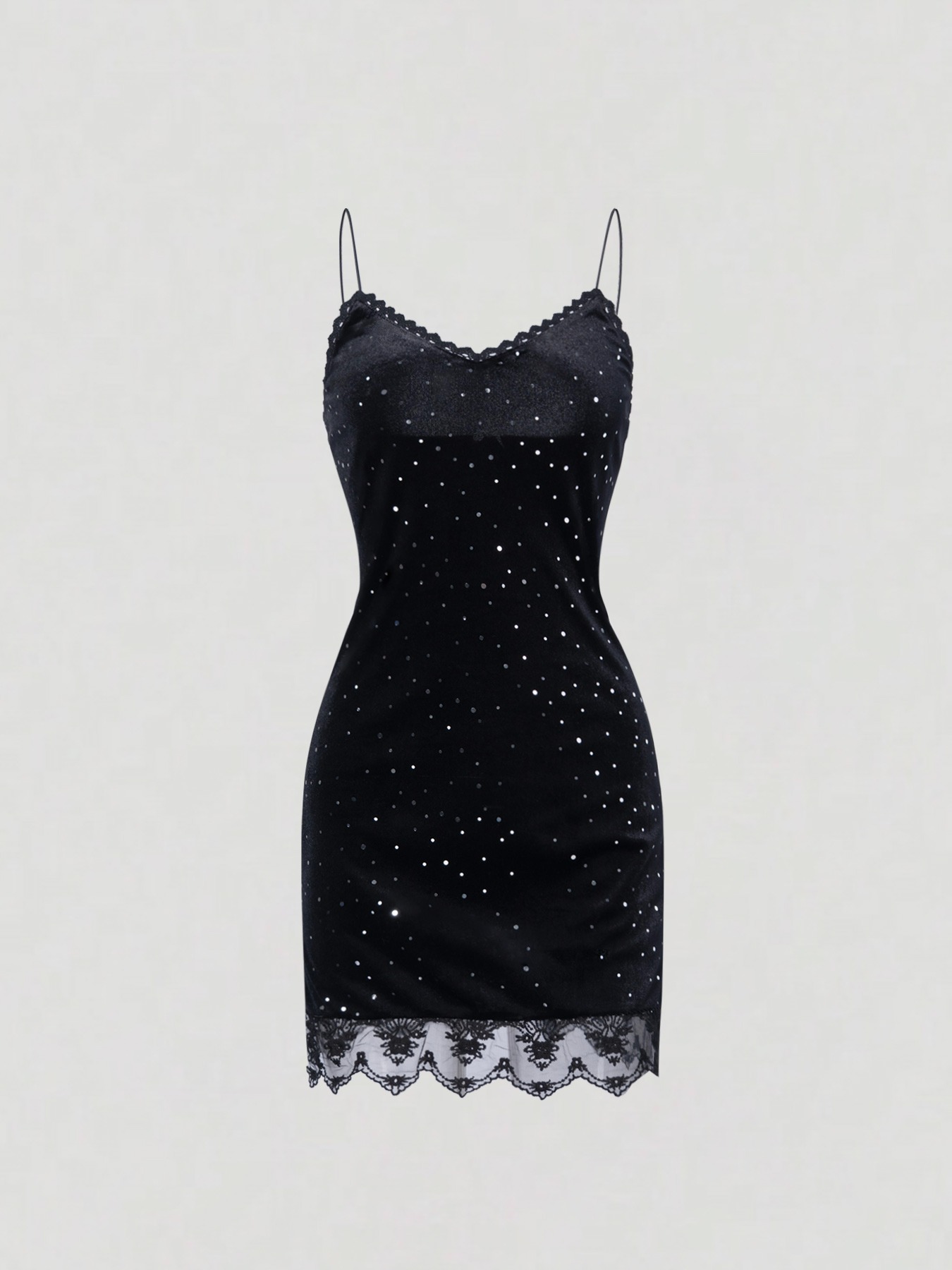 Black sequined velvet strappy dress Women‘s lace stitching body wrap short skirt