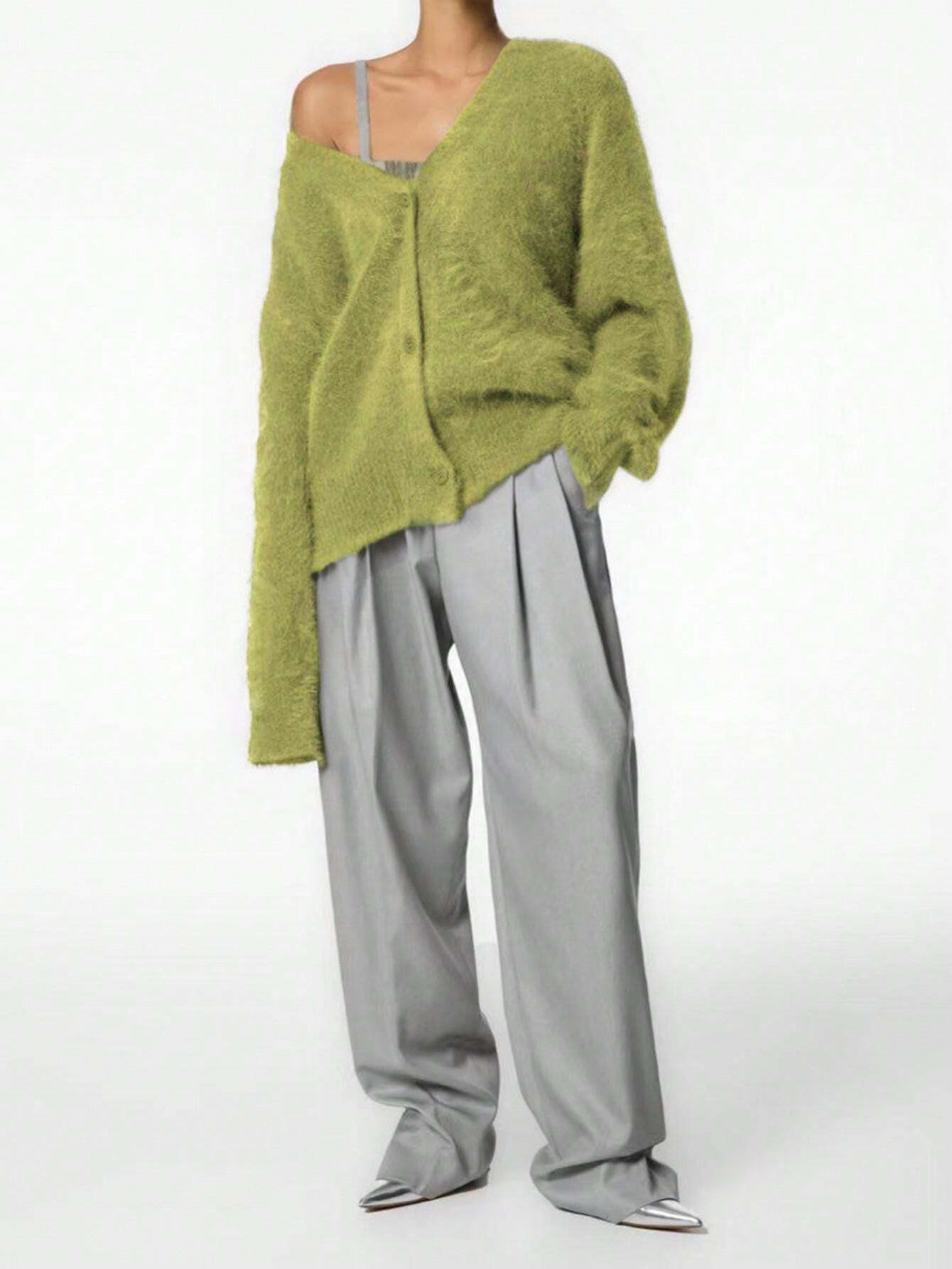 Fruit-green fleece V-neck cardigan, loose single-breasted knit jacket