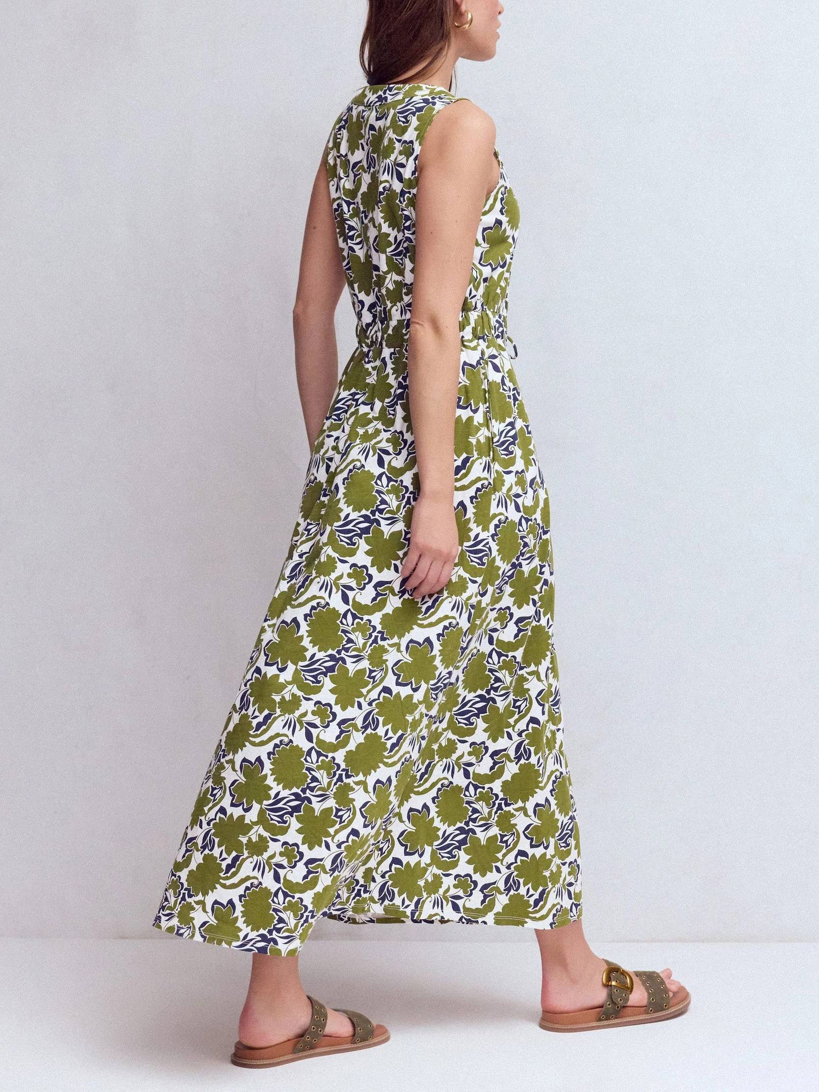 Sleeveless V Neck Tie Waist Pocket Floral Print Maxi Dress