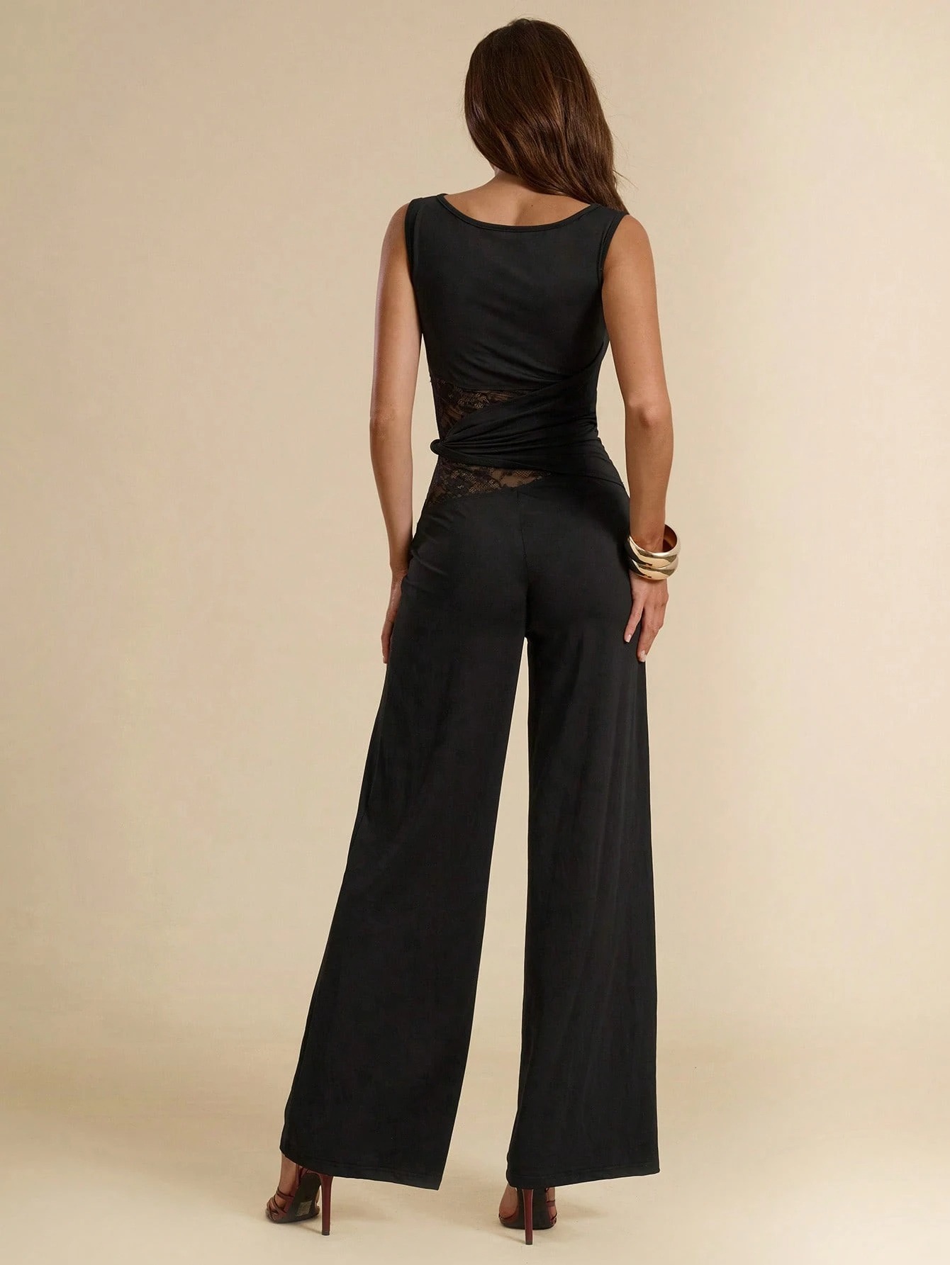 Woman's Black Boat Neck Lace-Paneled Sleeveless Top and Wide-Leg Pants Set