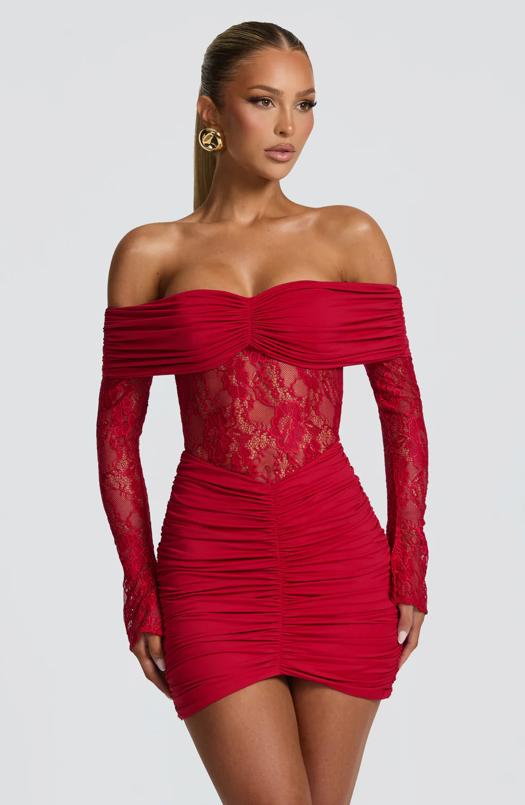 Women's Glam Off Shoulder Long Sleeve Lace Panel Ruched Mini Dress for Party