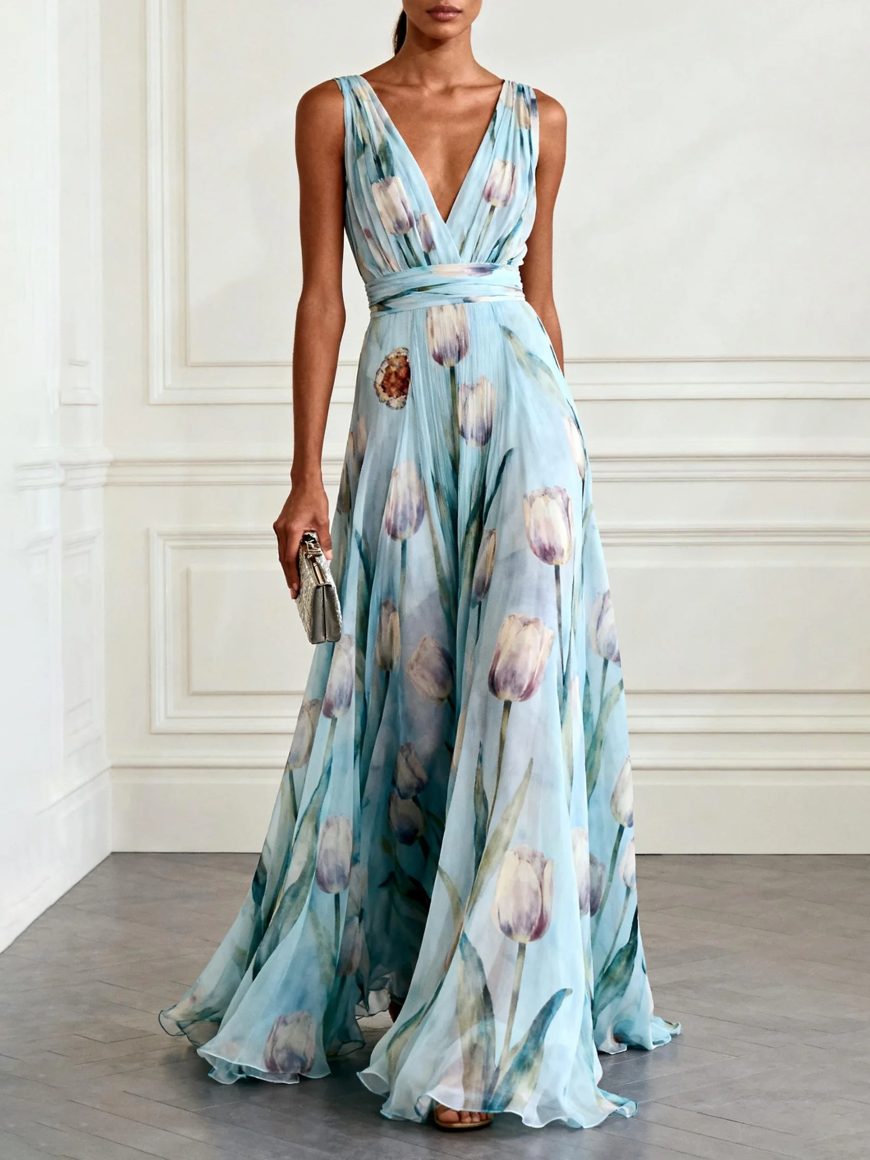 V-Neck Sleeveless Tulip Print Ruched Waist Flowy Maxi Dress