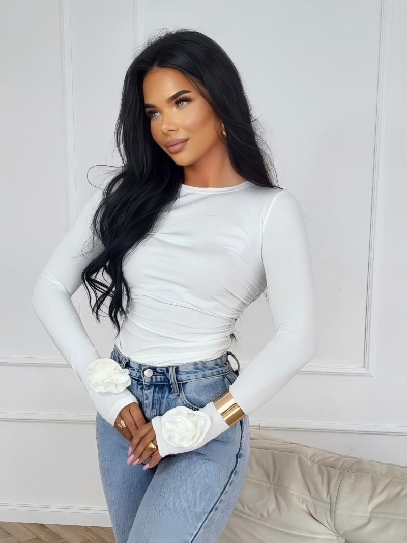 Woman's Long Sleeve Crew Neck Fitted Top with 3D Floral Cuff Detail