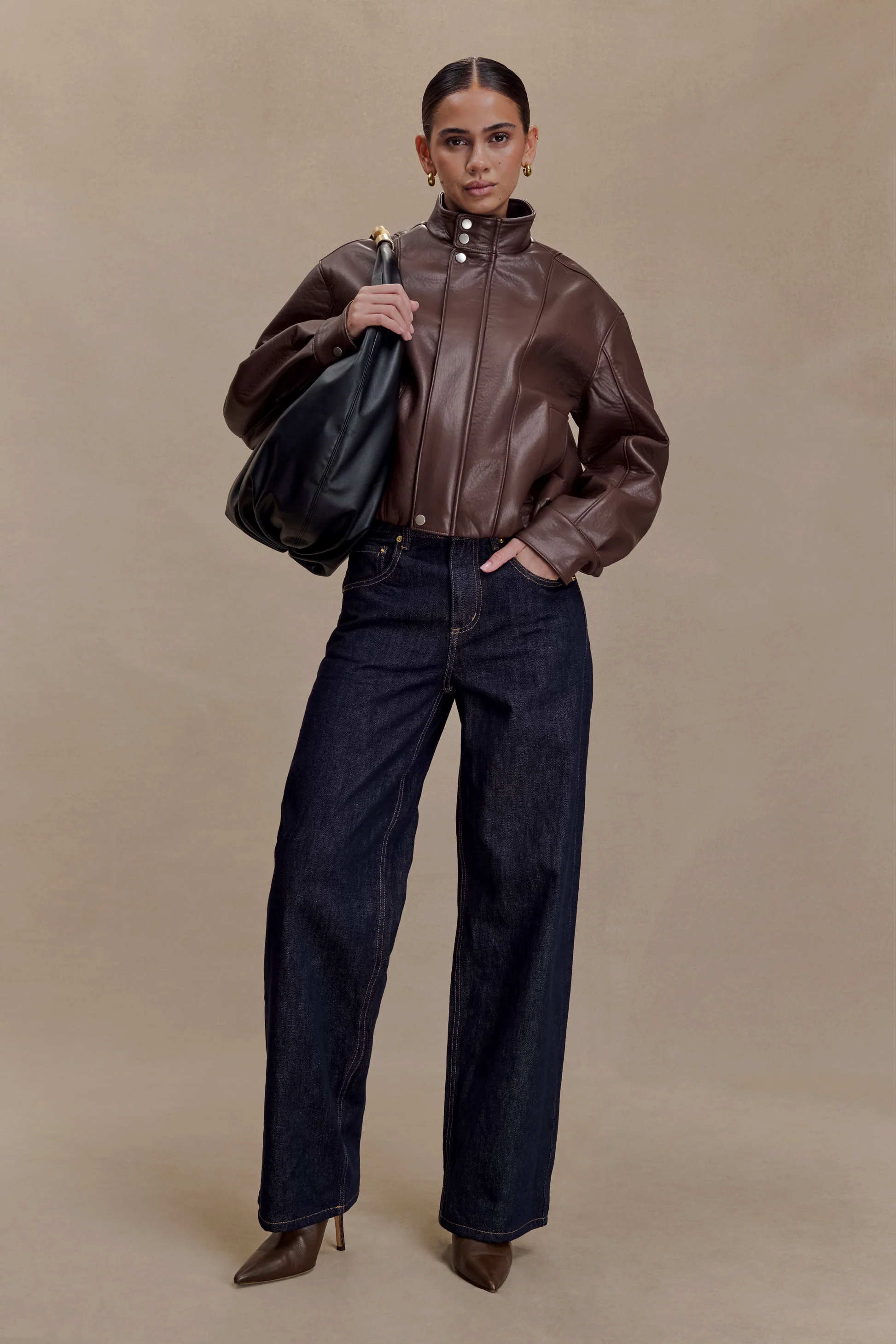 Woman's Vintage Relaxed Fit Stand Collar Short Leather Jacket : Oversized Genuine Leather Bomber