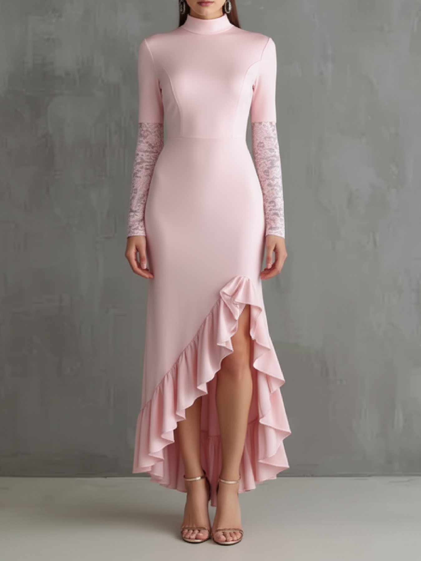 Woman's Pink Turtleneck Lace Sleeve Asymmetric Midi Dress