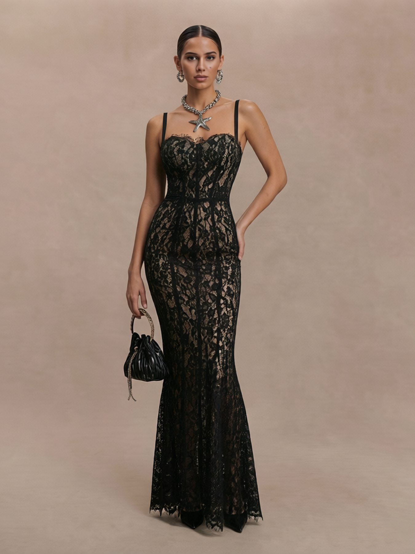 Sheer Floral Lace Mermaid Maxi Dress