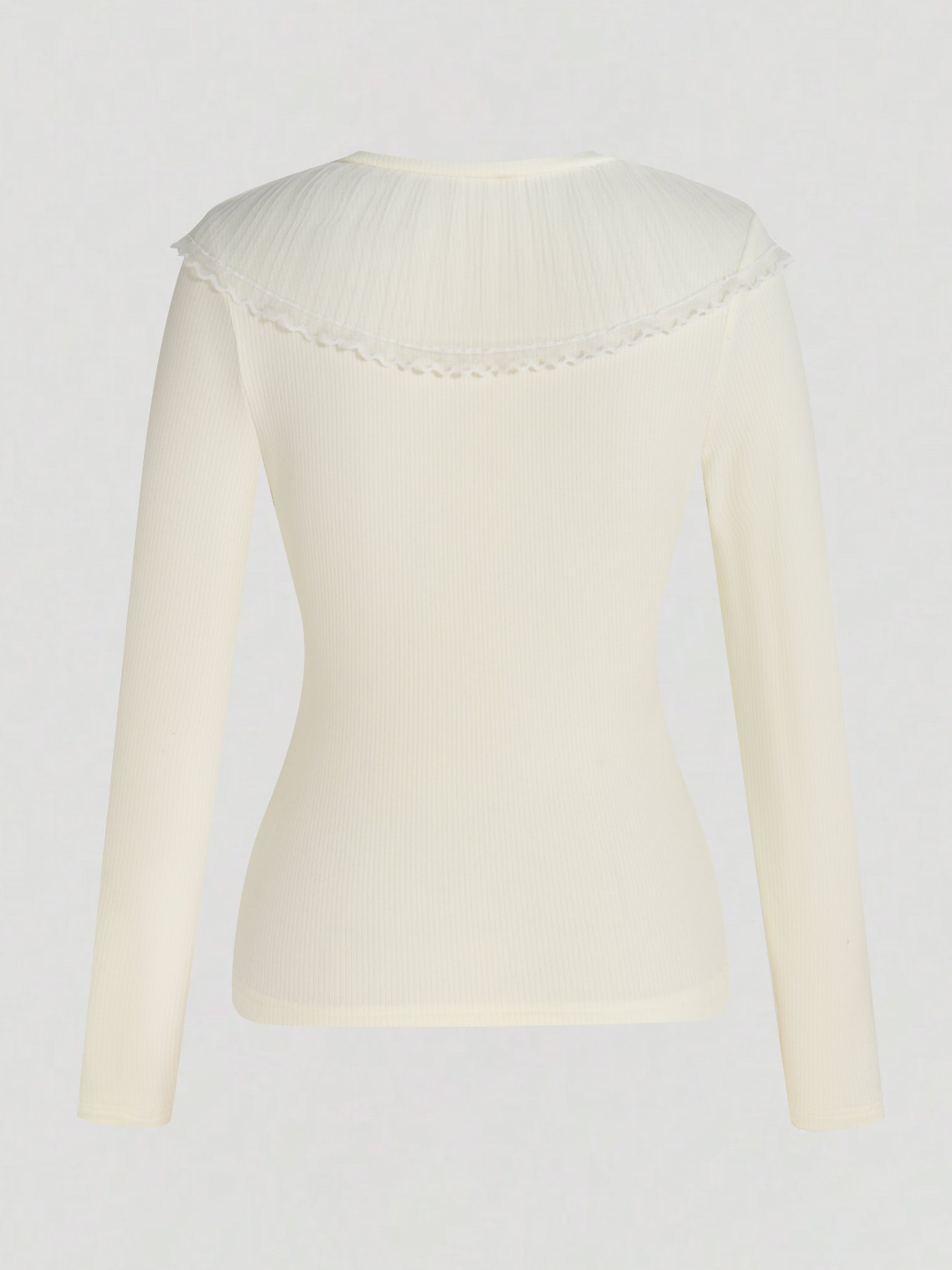 Women's Cream V-Neck Long Sleeve Top with Asymmetric Ruffle Lace Trim and Ribbed Detail