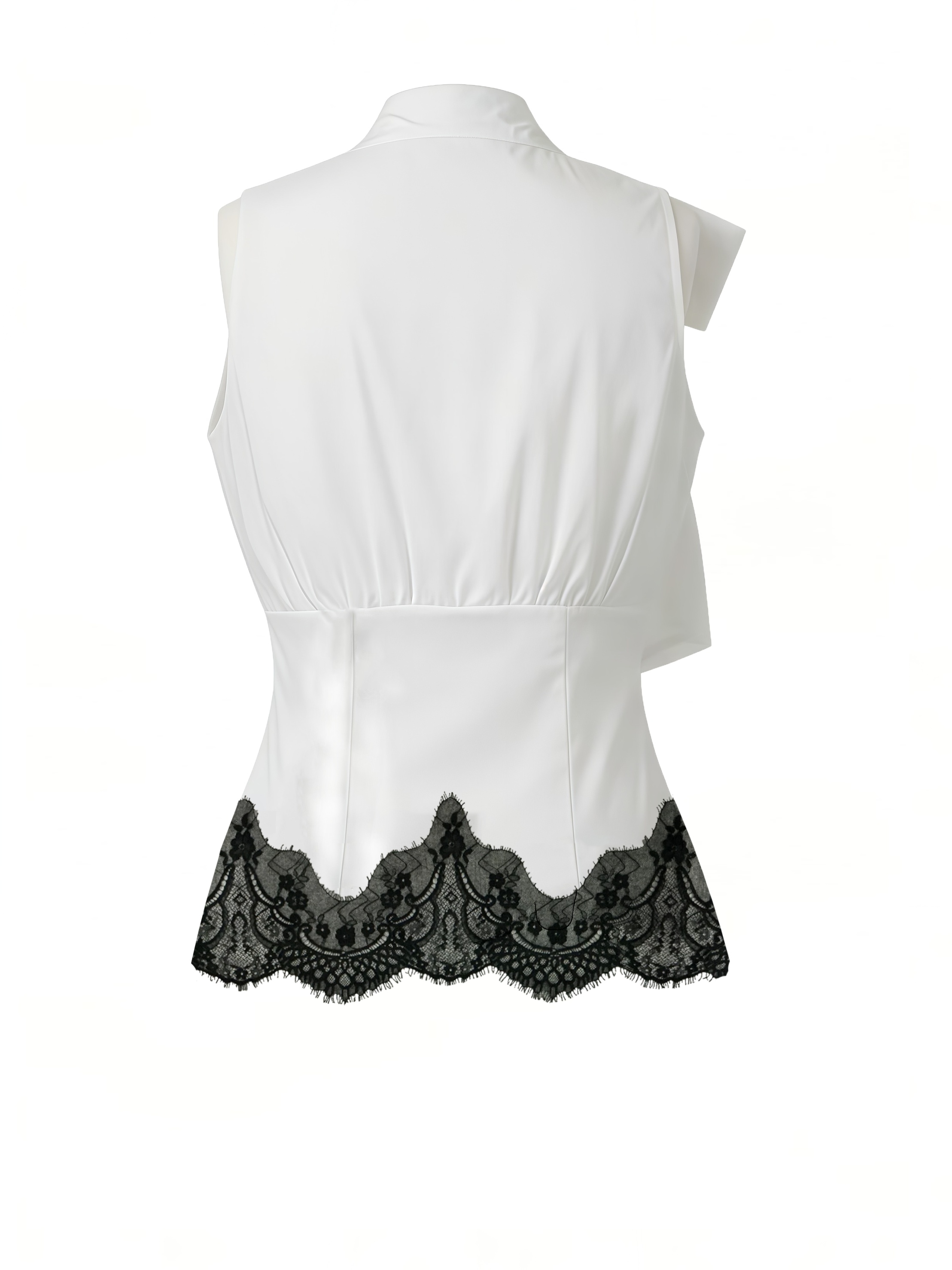 Women's Elegant Sleeveless High Neck Bow Detail Ruched Lace Trim Blouse